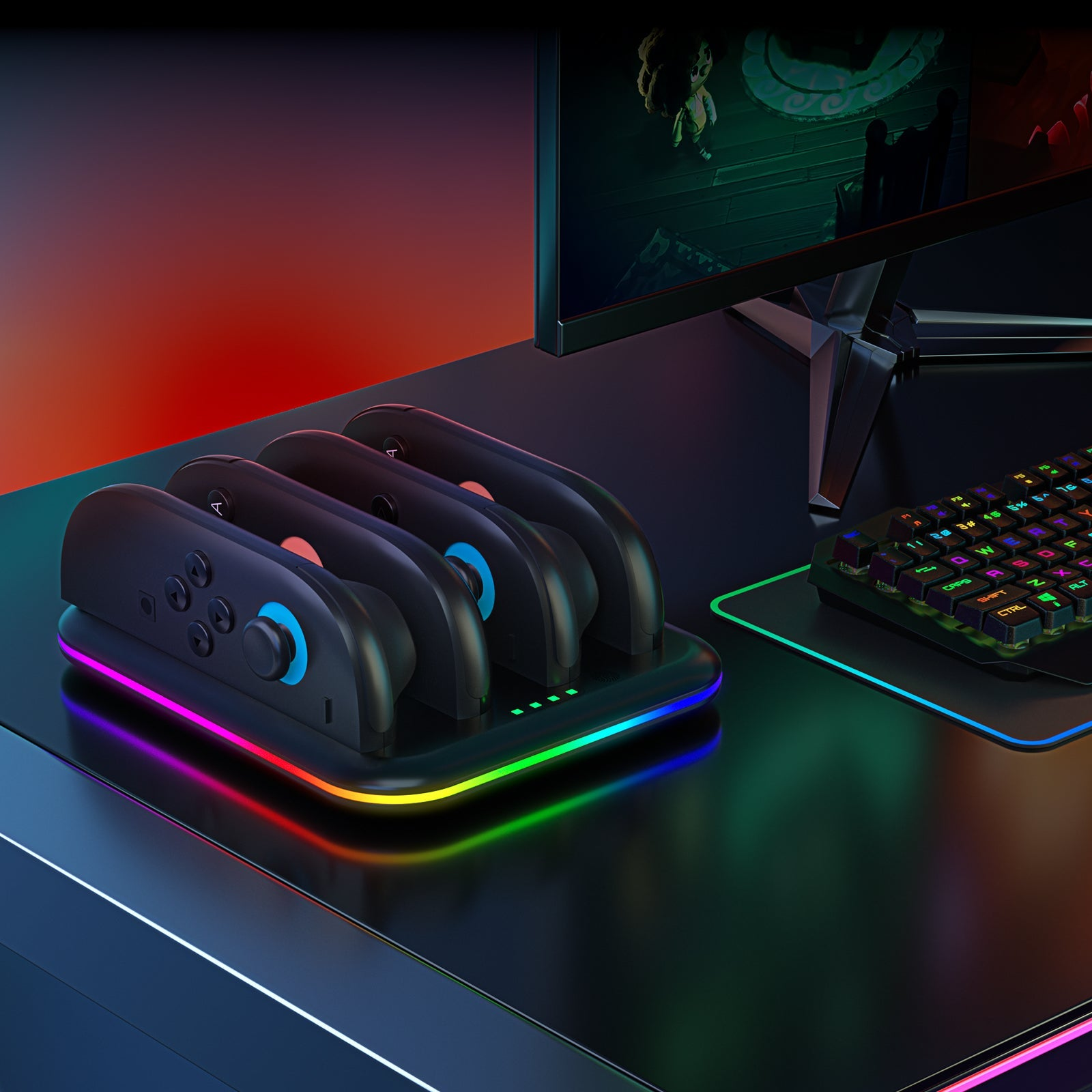 Een zwart oplaaddock voor vier controllers met RGB-verlichting, naast een toetsenbord.