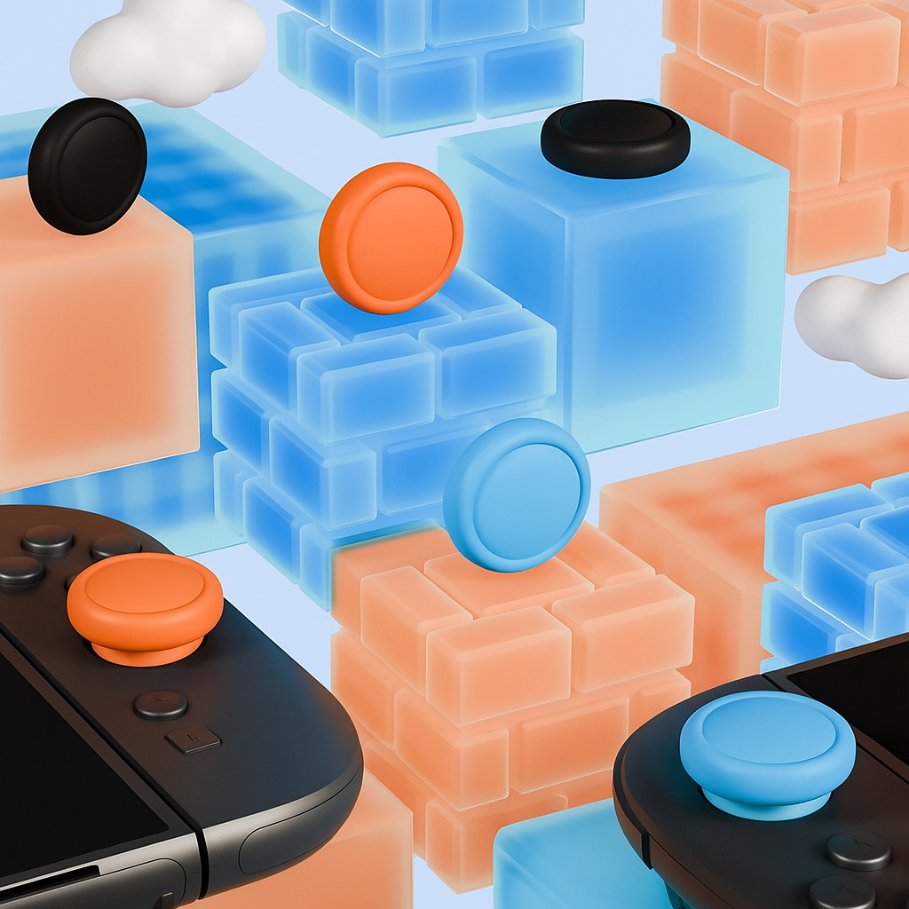 Kleurrijke blokken en joysticks voor een lichte achtergrond.