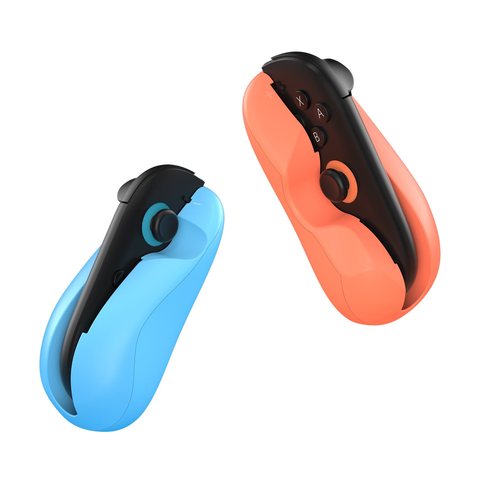 Twee Joy-Con controllers, een blauwe en een oranje, tegen een witte achtergrond.