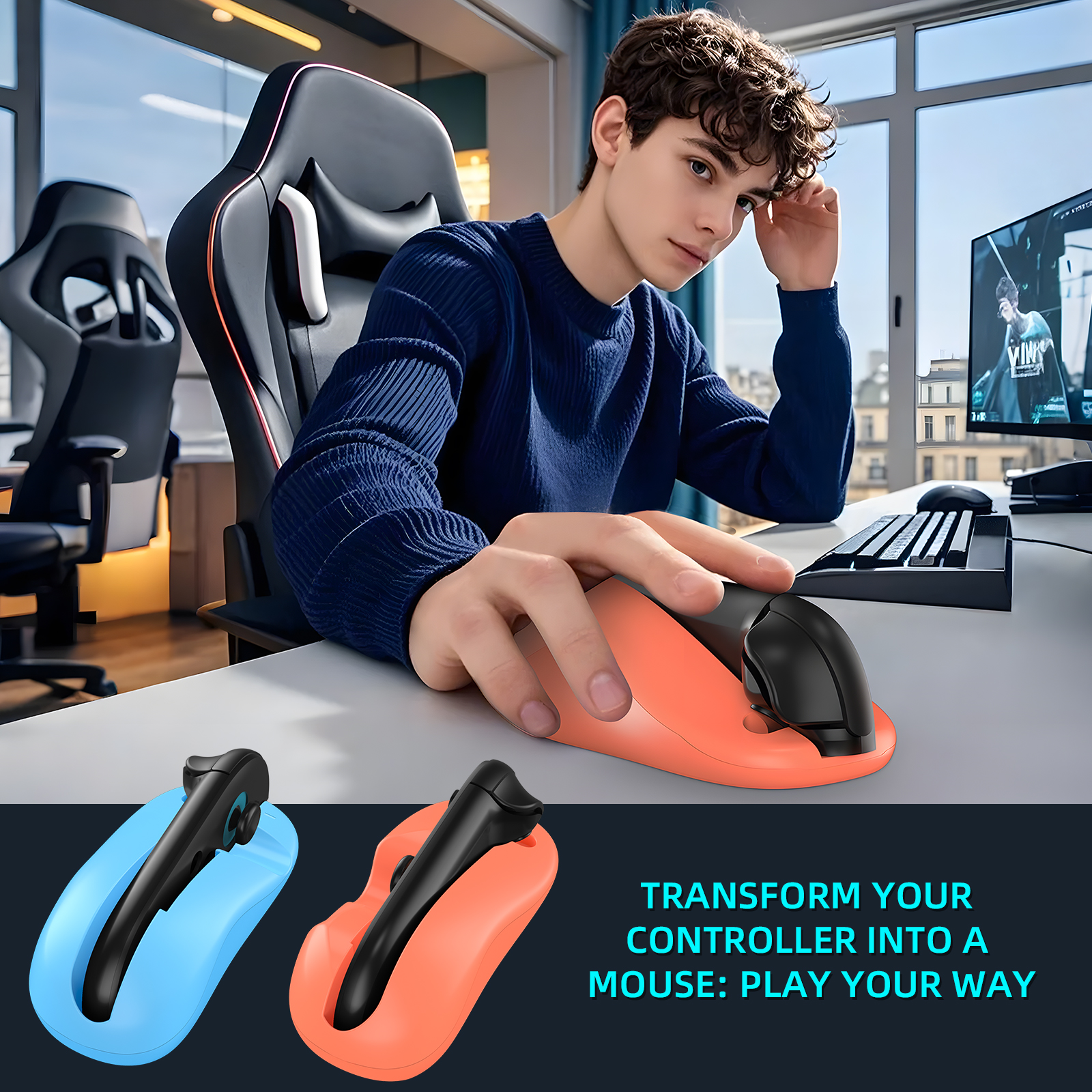 Een jonge man zit aan een bureau en gebruikt een oranje gamingmuis.