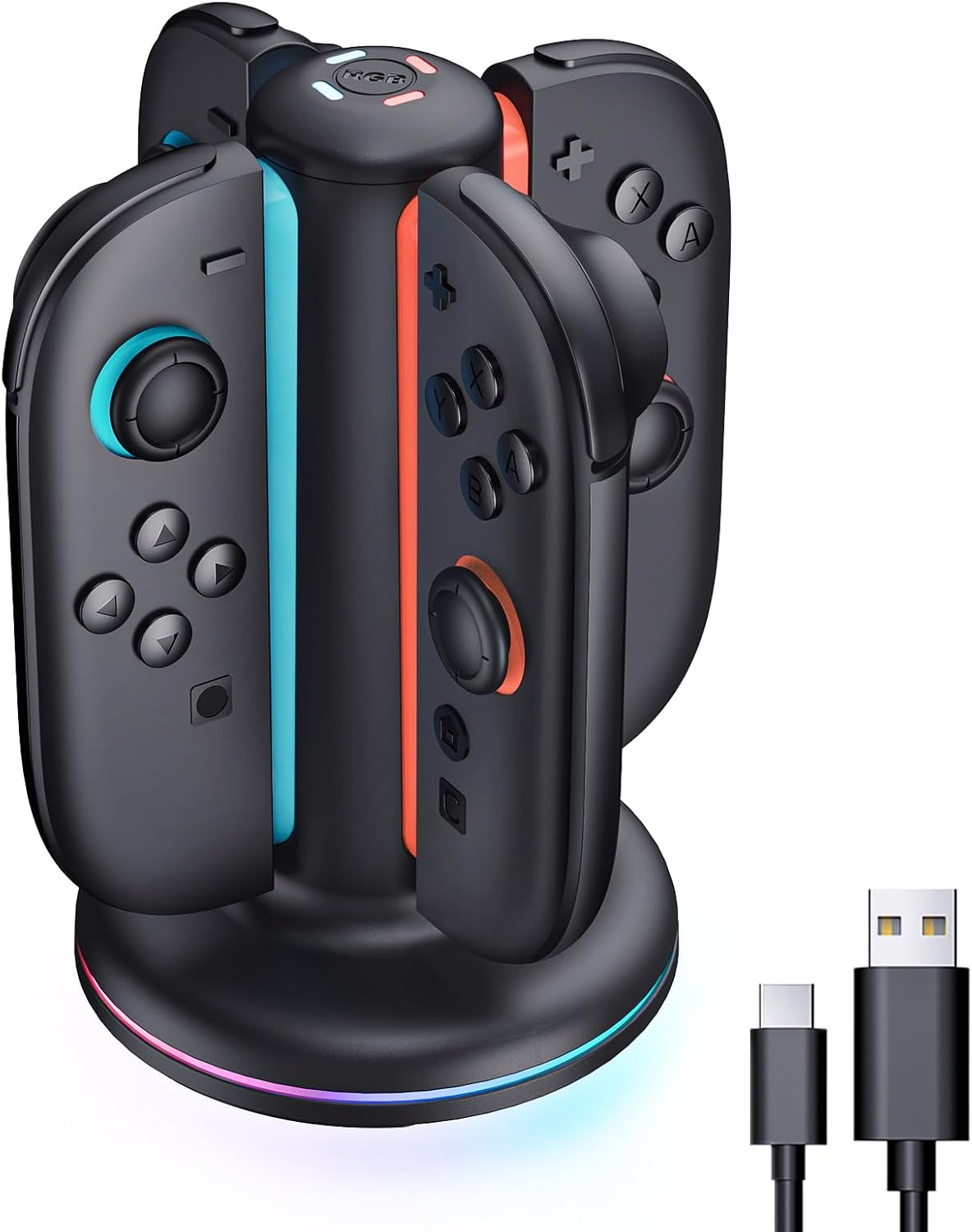 Station de recharge noire avec quatre manettes, base RVB et câbles USB.