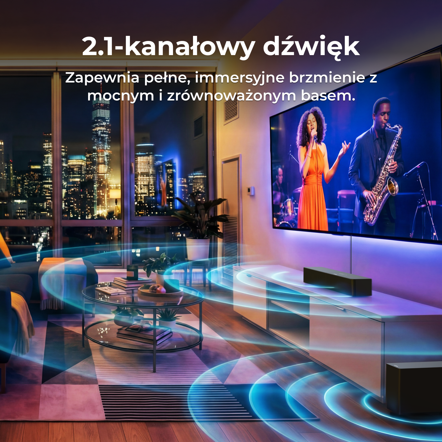 Salon z telewizorem pokazującym zespół muzyczny. Niebieskie fale dźwiękowe wizualizują dźwięk.