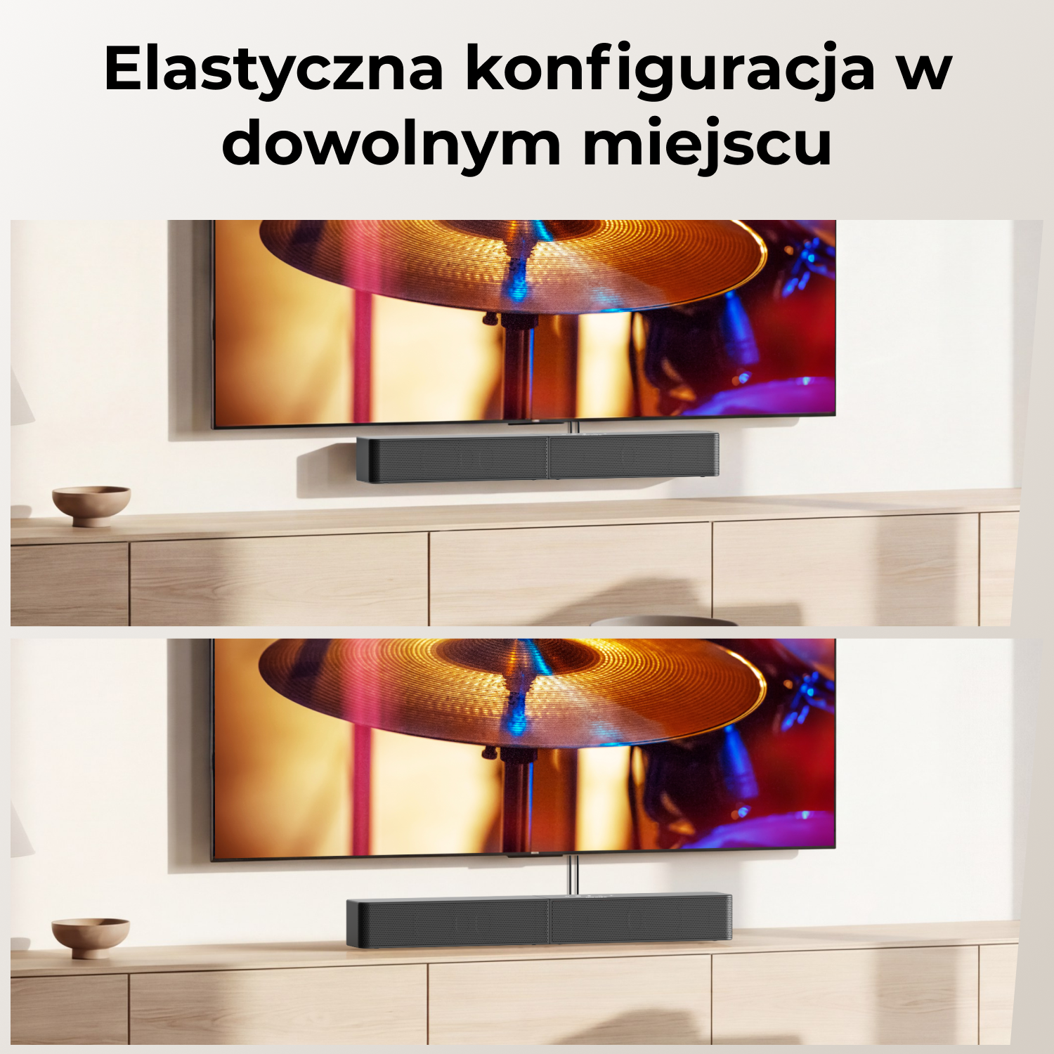 Czarny soundbar pod telewizorem z perkusją. Pokazano dwie konfiguracje.