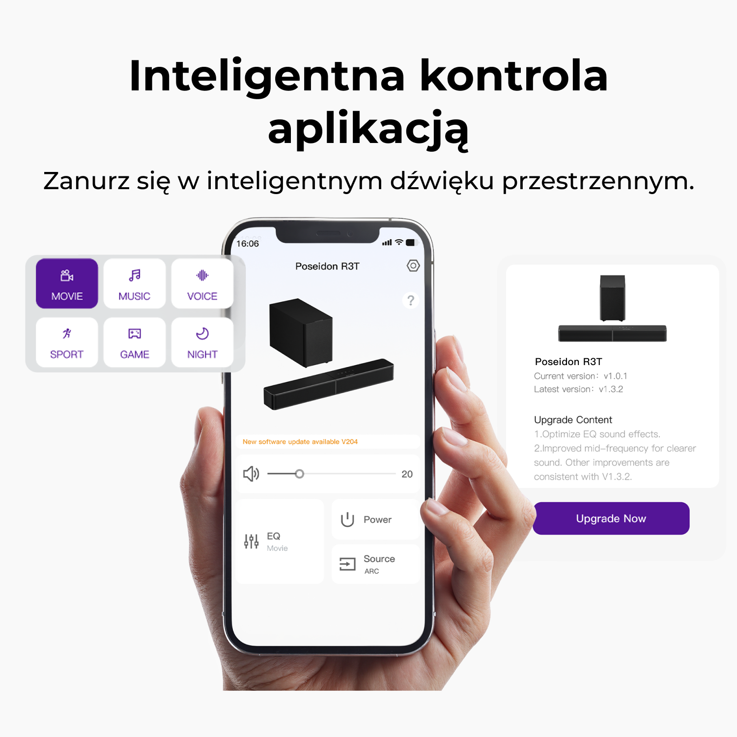 Dłoń trzyma smartfon z aplikacją do sterowania systemem dźwiękowym Poseidon R3T.