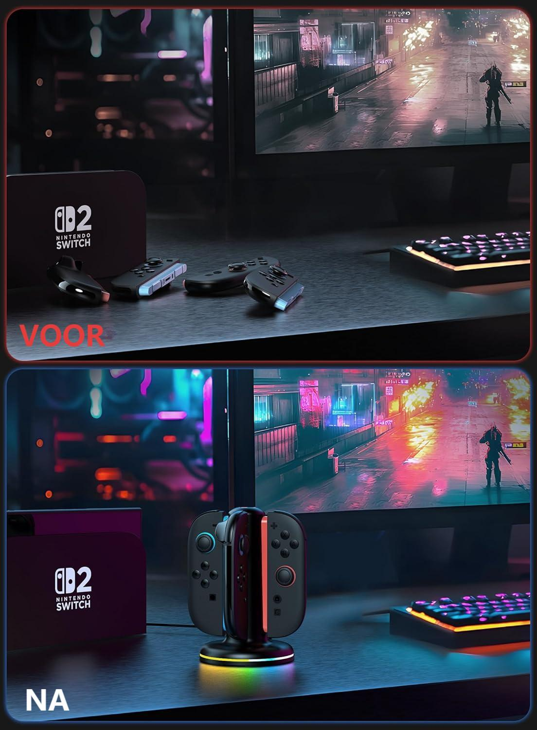 Nintendo Switch met controllers en gloeiend toetsenbord voor een scherm.
