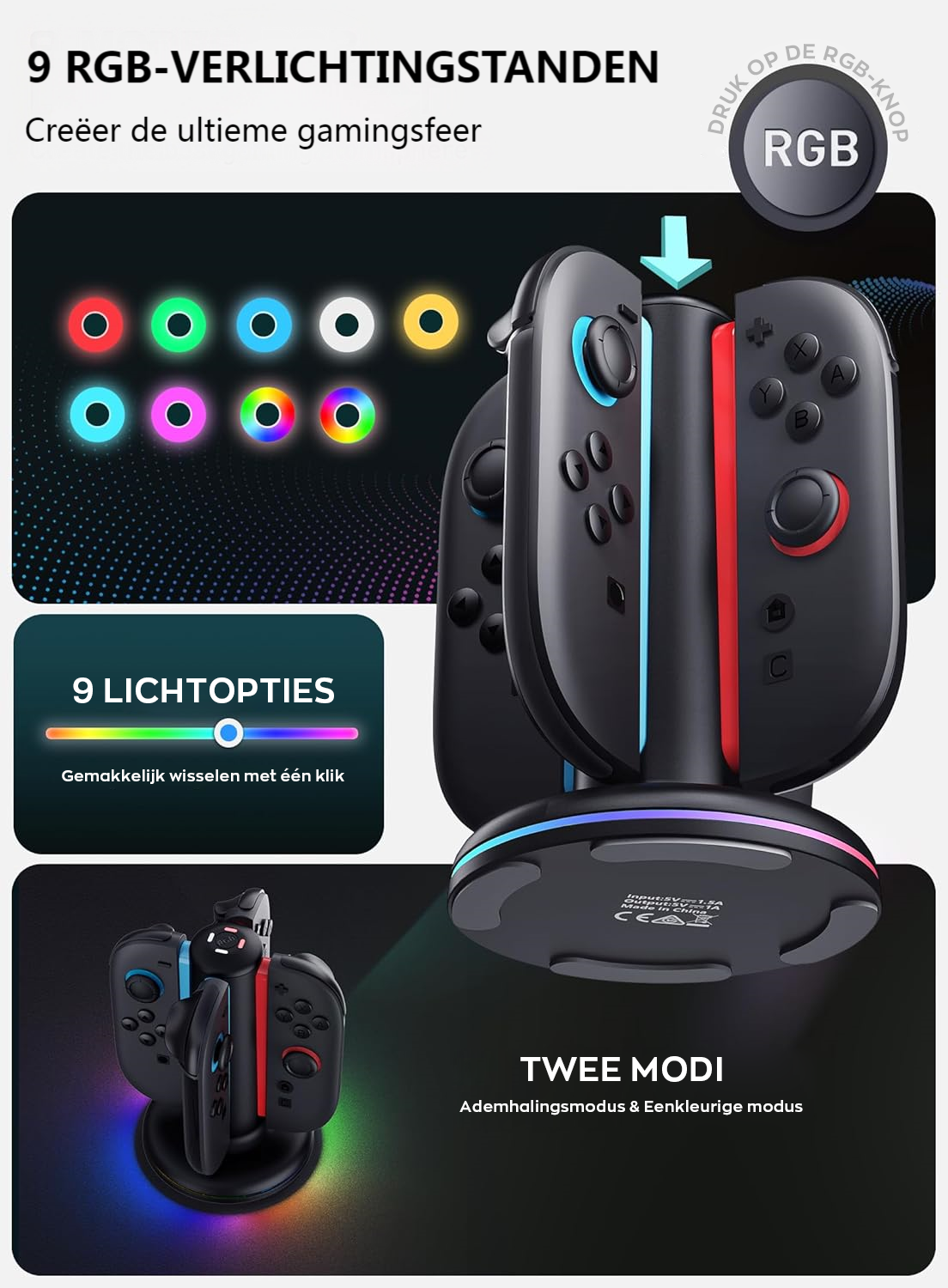 Een controller laadstation met RGB-verlichting en meerdere lichtmodi.