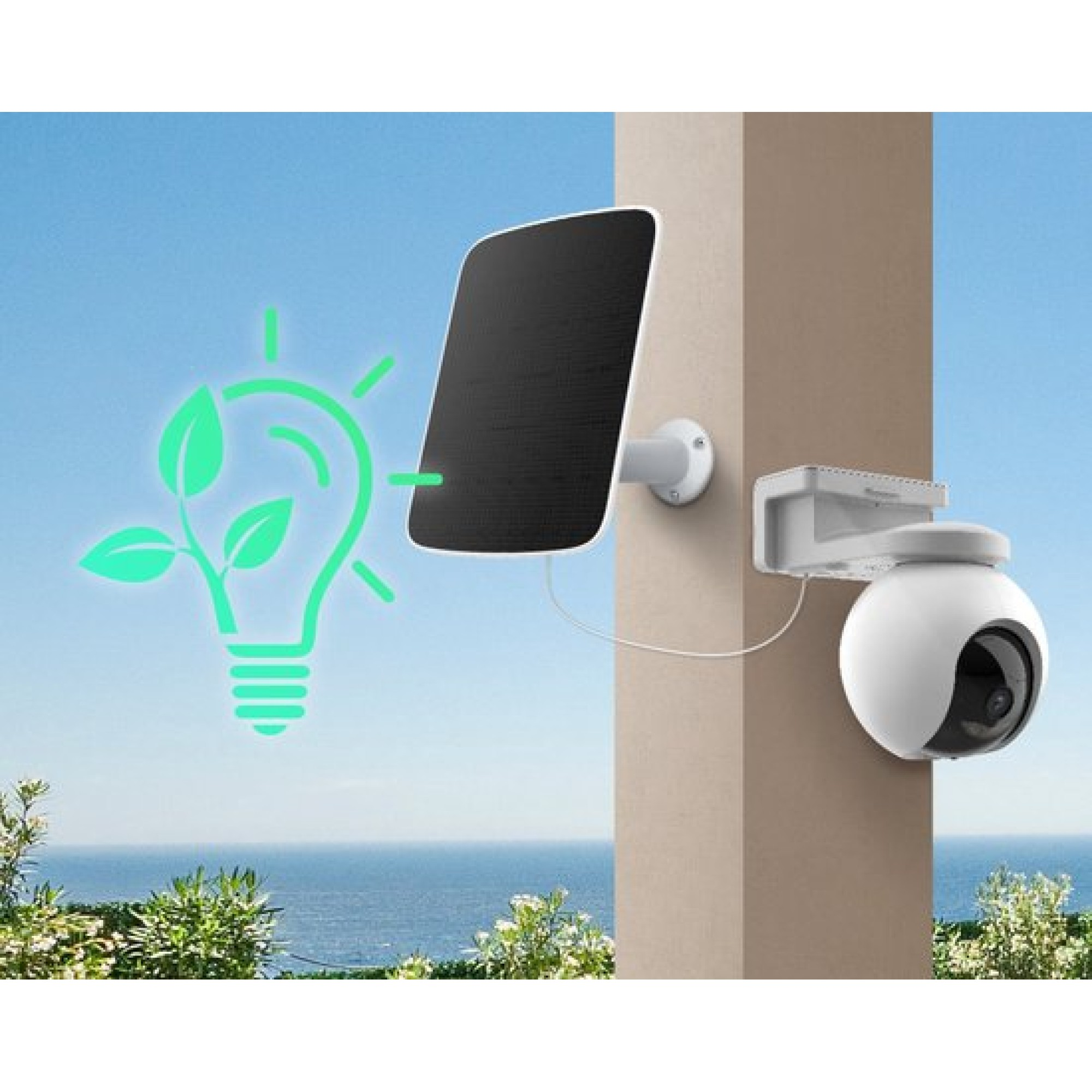 A solar panel and a white security camera are mounted on a wall.
