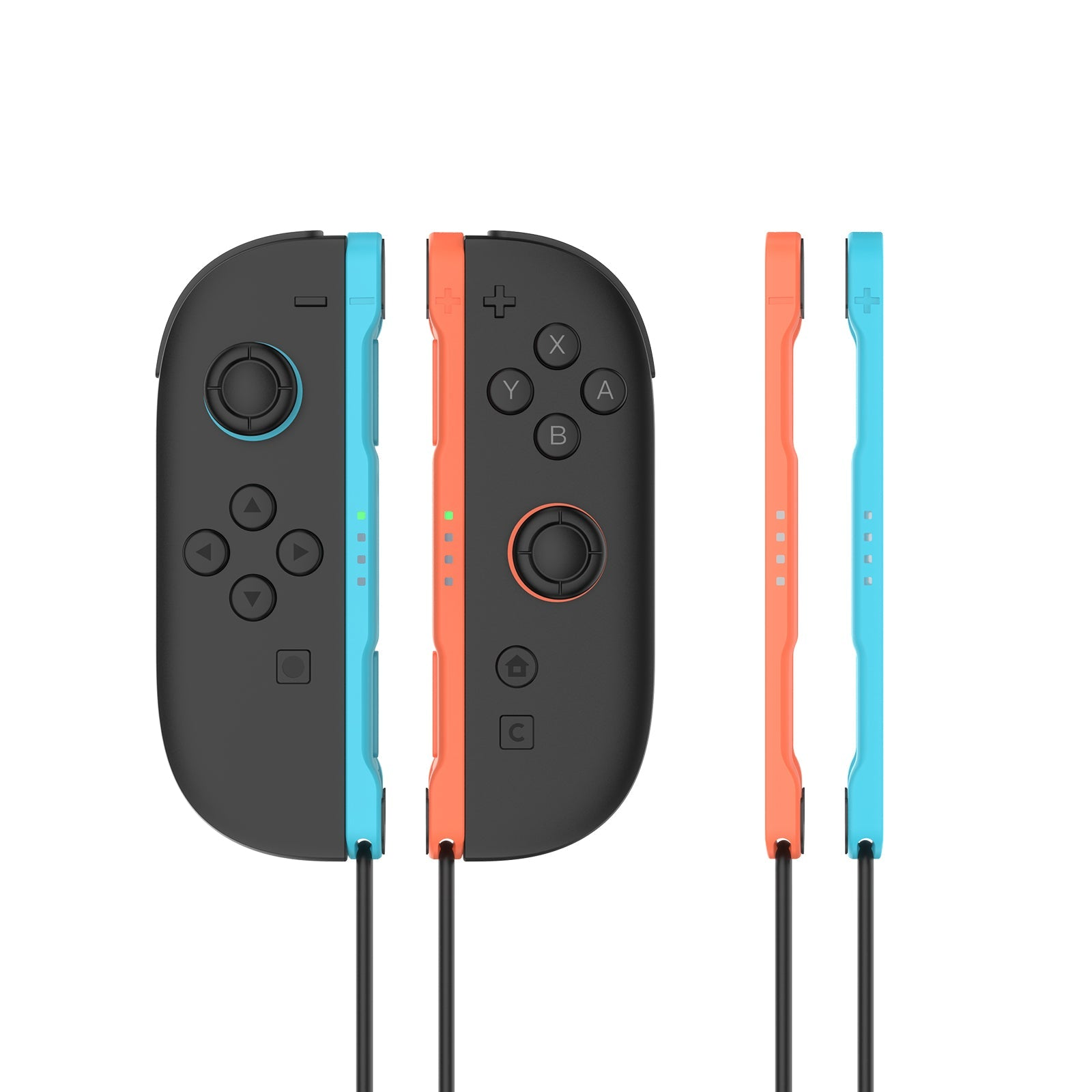 Twee losse controllers, één blauw, één oranje, met knoppen en kabels.