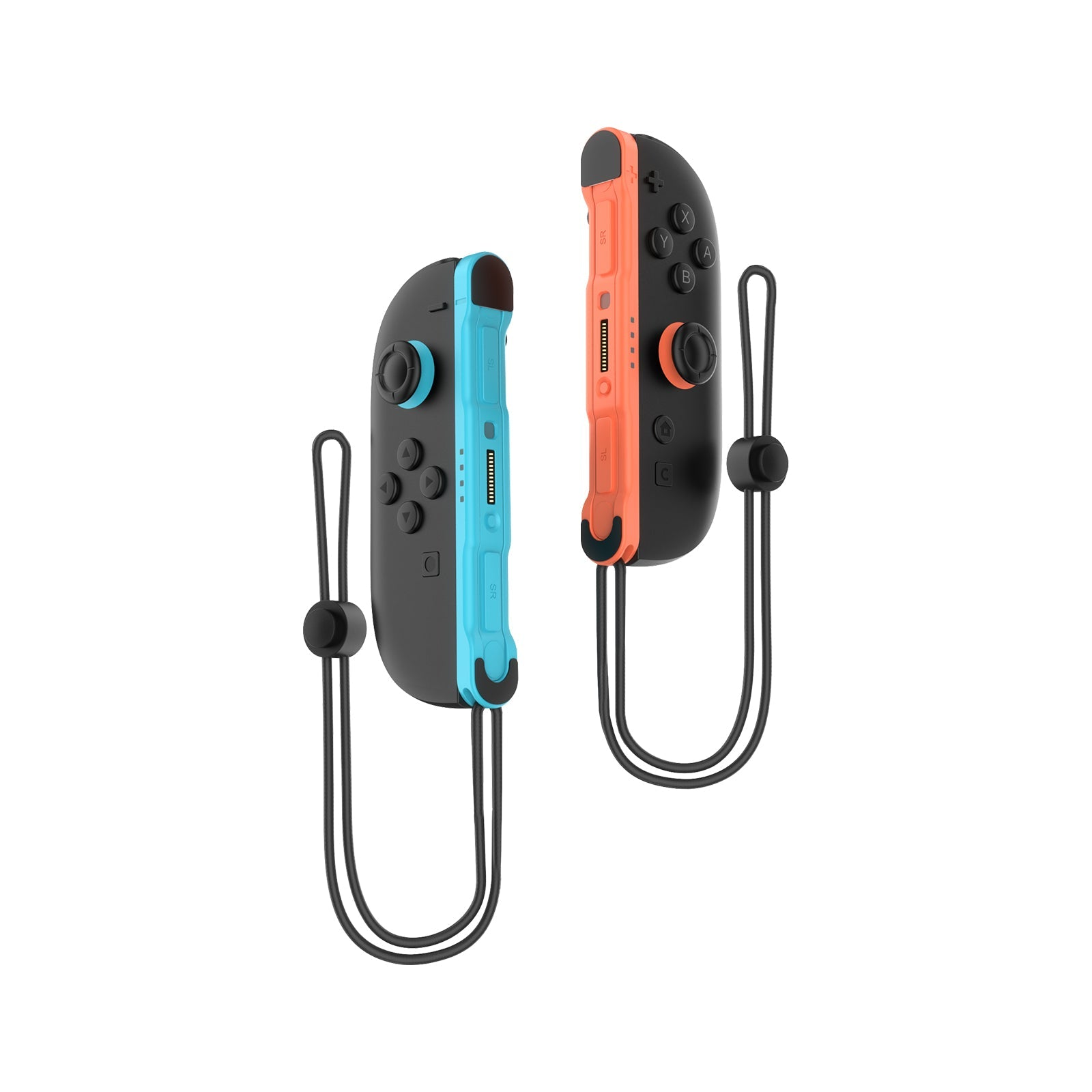 Twee zwarte controllers met blauwe en oranje accenten en polsbandjes.