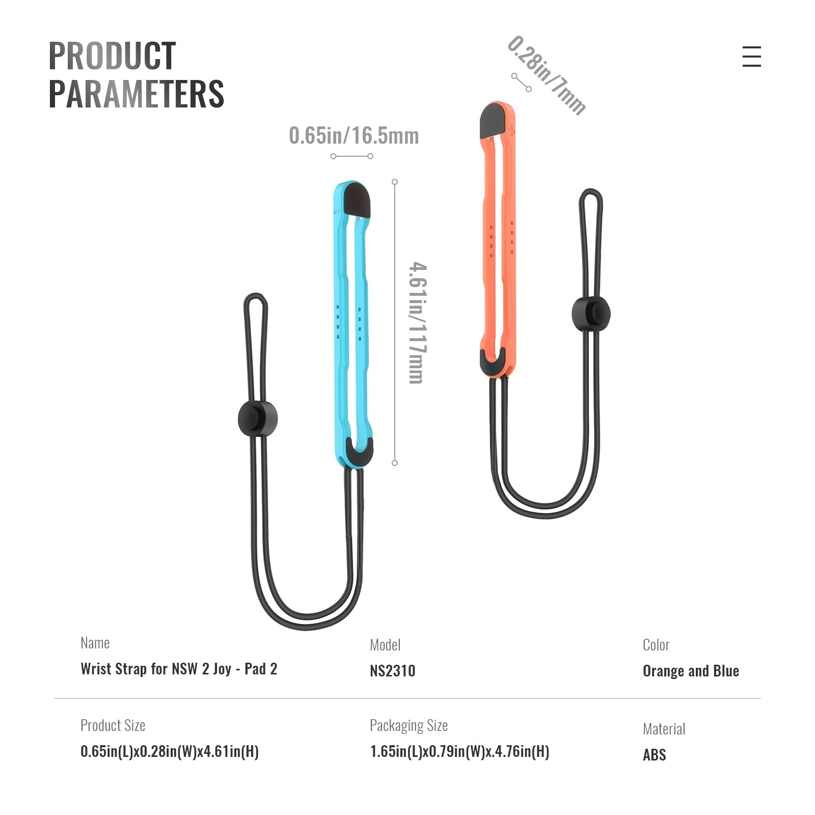 Productparameters: blauwe en oranje polsbandjes met afmetingen.