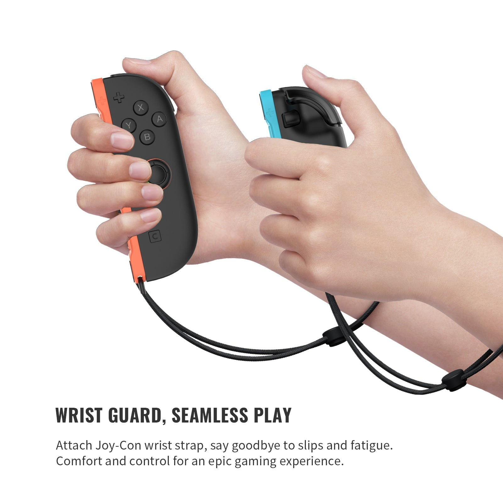 Handen die zwarte en oranje Joy-Cons met blauwe accenten vasthouden, aan polsbanden.