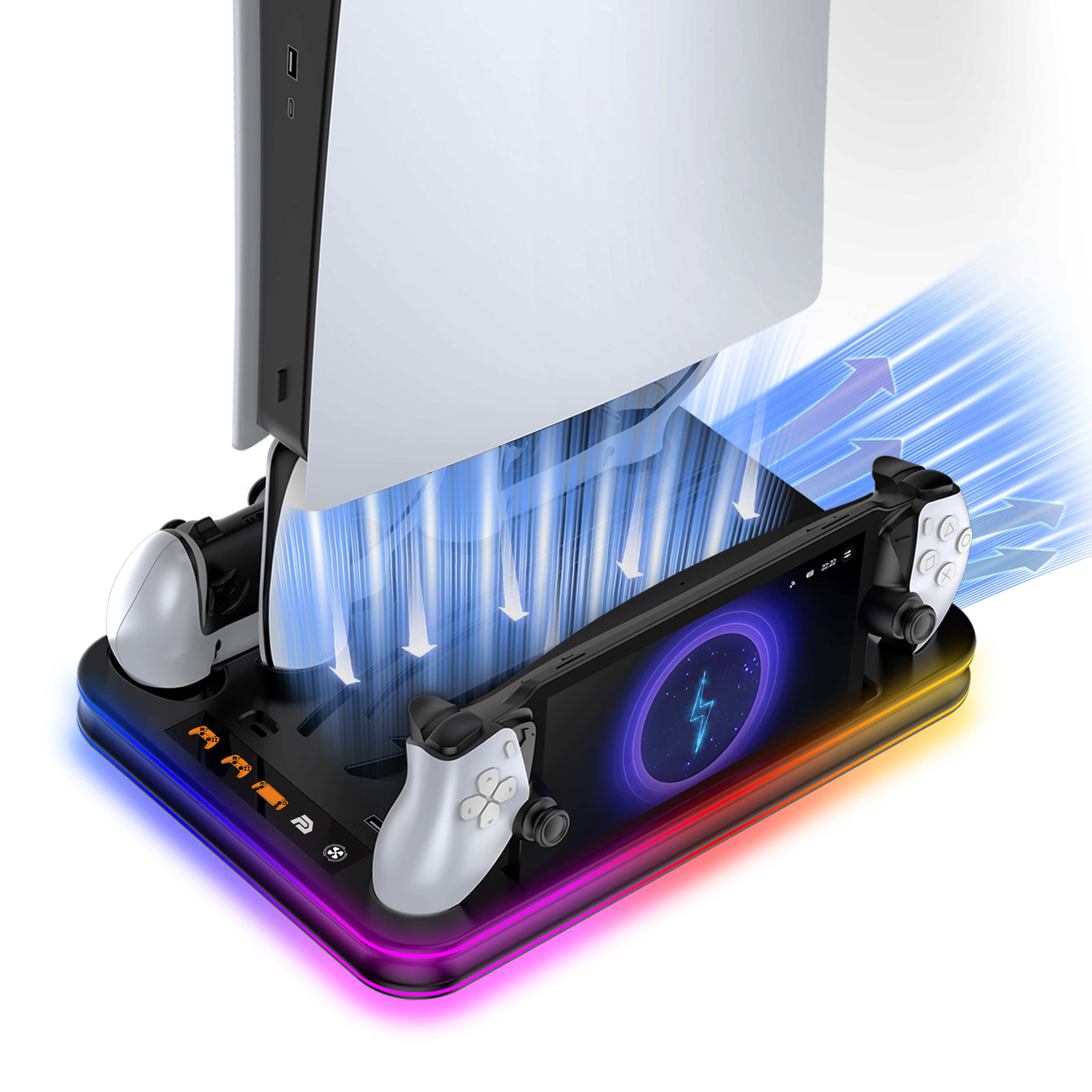 Gaming console standaard met controller opladen, blauwe lichteffecten.