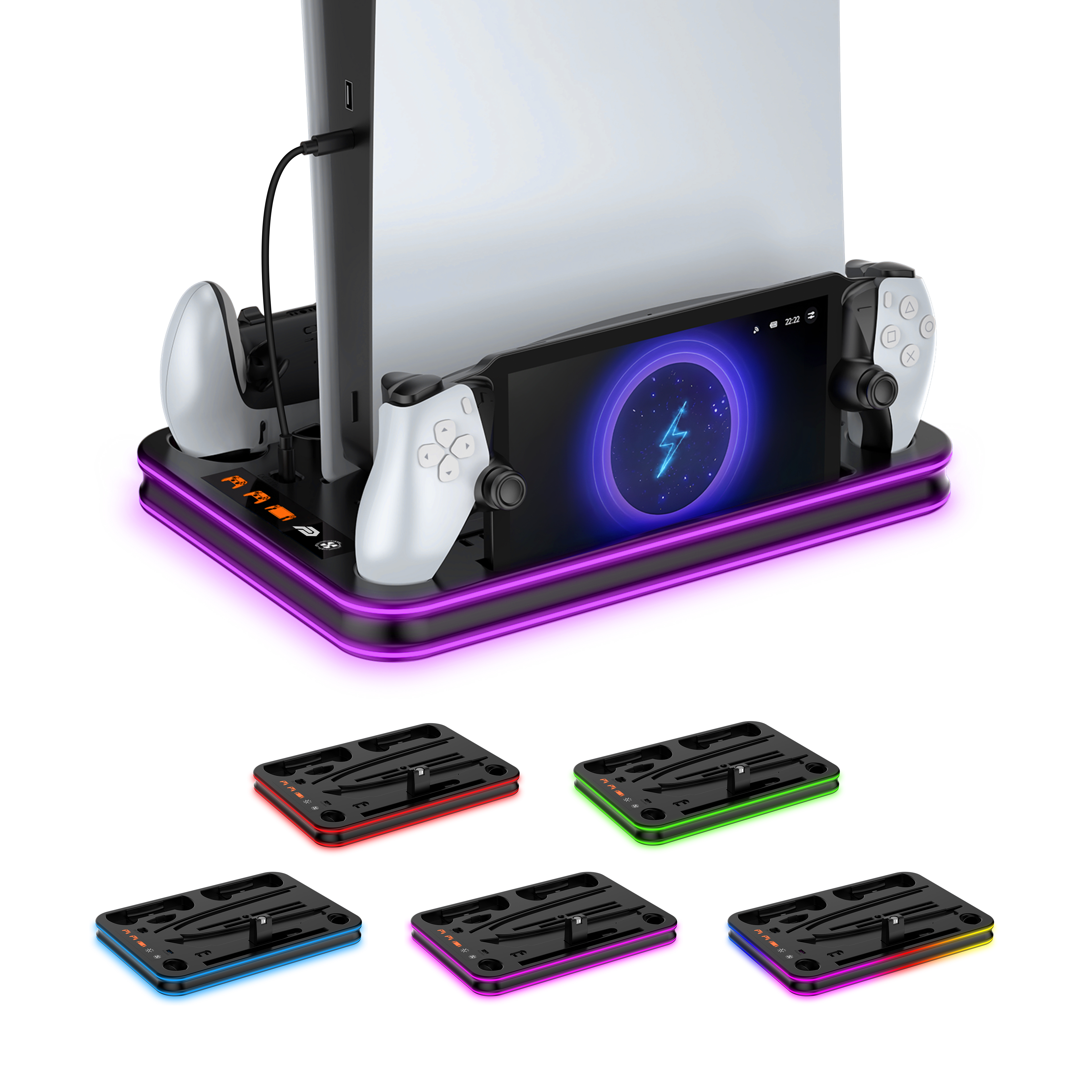 Een gamingconsole met controllers en oplaadkabel, verlicht door paarse lampjes.