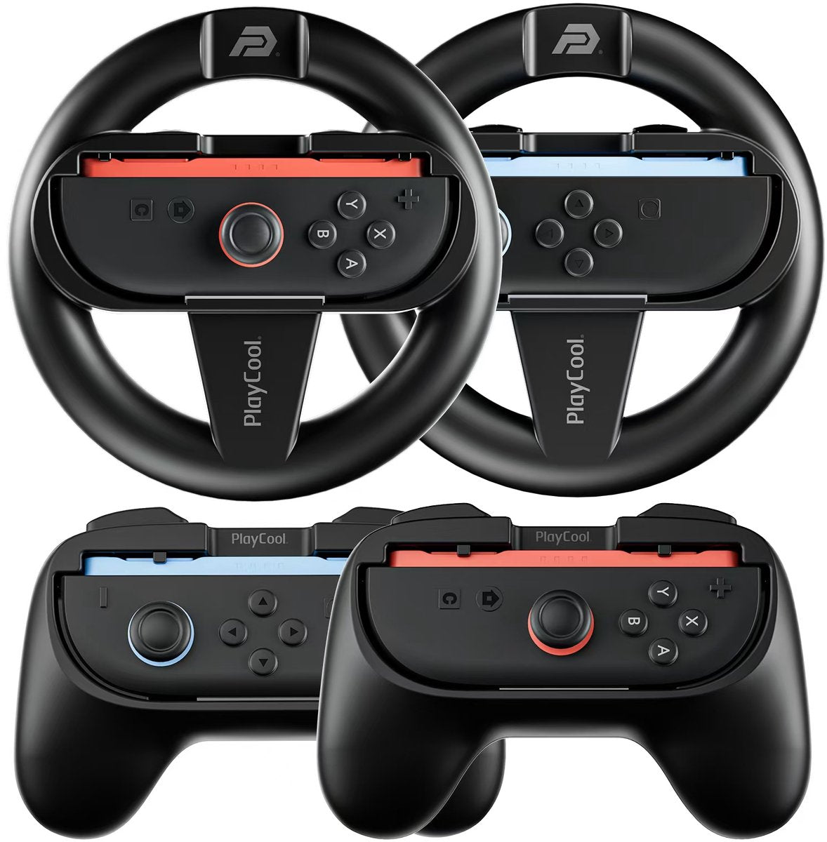 Twee zwarte gaming stuurwielen met controllers en twee zwarte gaming controllers.