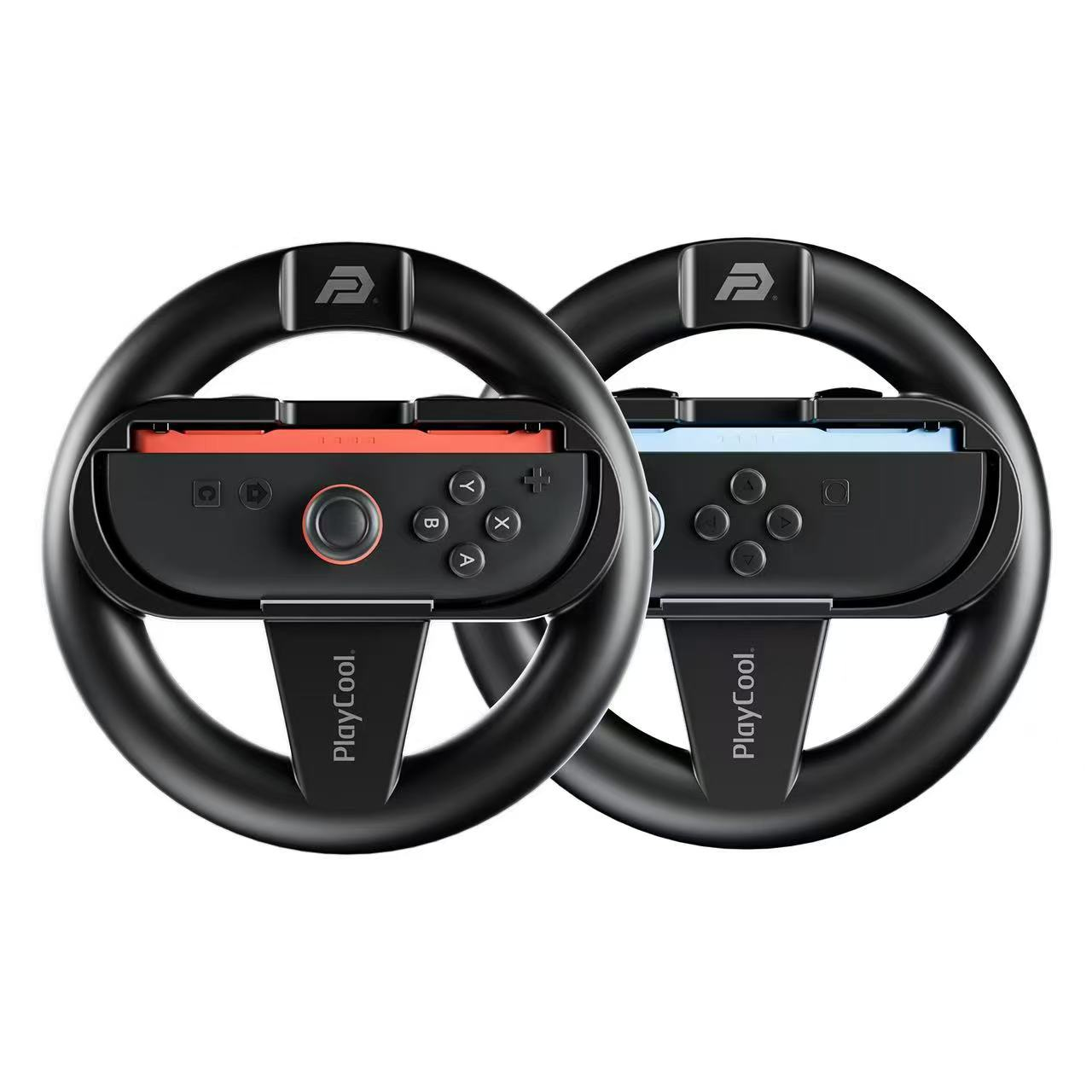 Twee zwarte gaming-stuurwielen met rode en blauwe Joy-Con-houders.