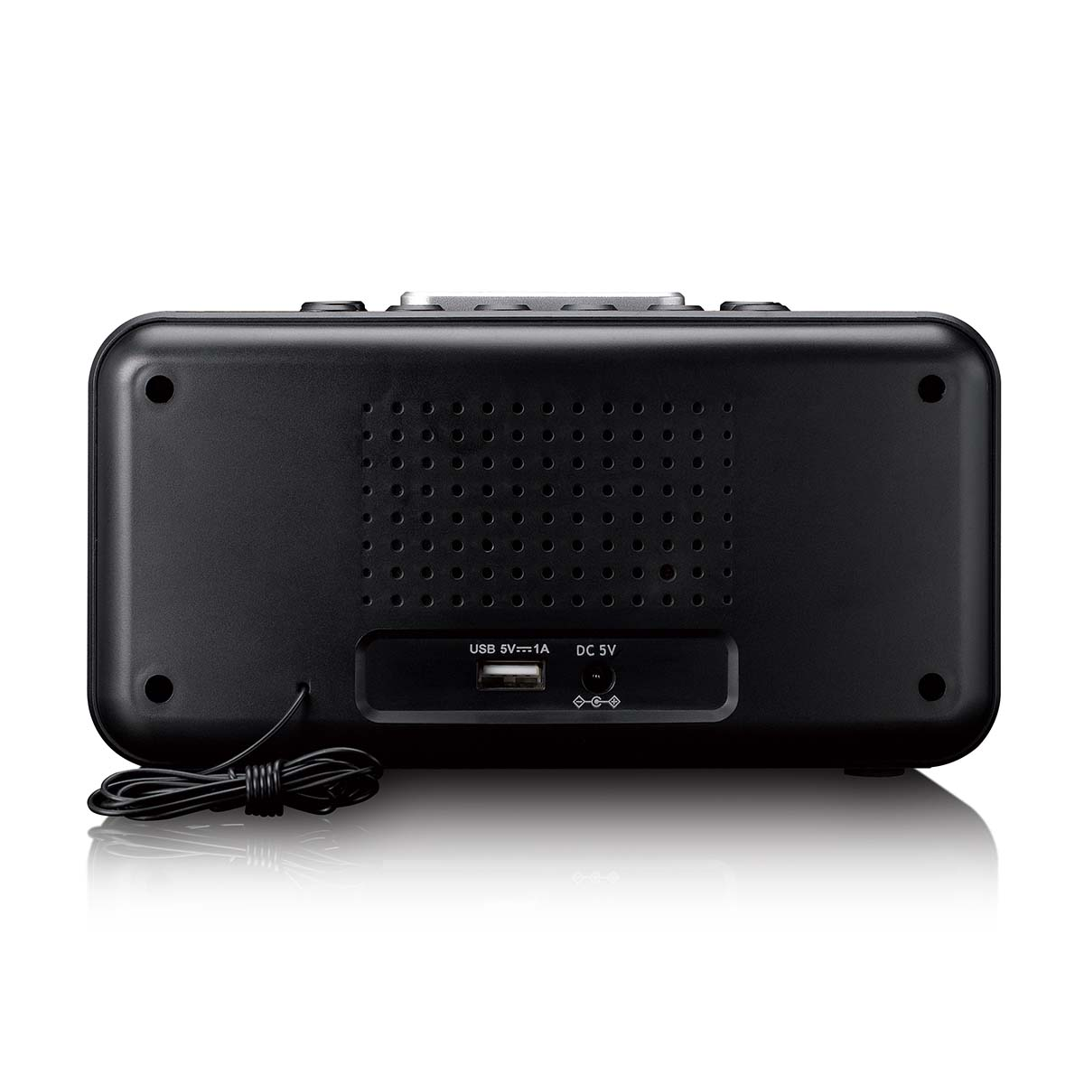 Arrière d'un appareil noir avec grille de haut-parleur, ports USB et CC.