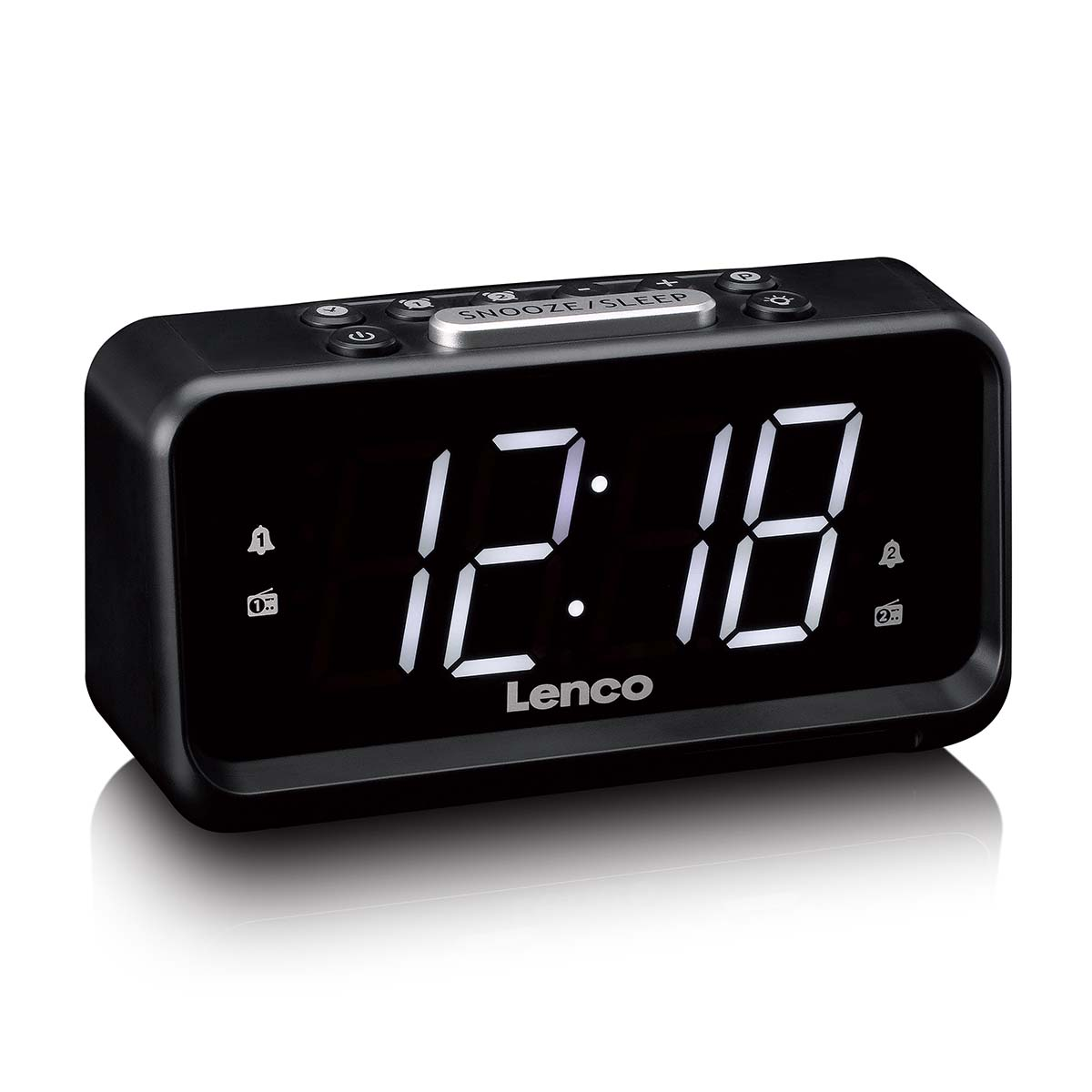 Réveil numérique Lenco noir affichant 12:18 avec icônes d'alarme et snooze.