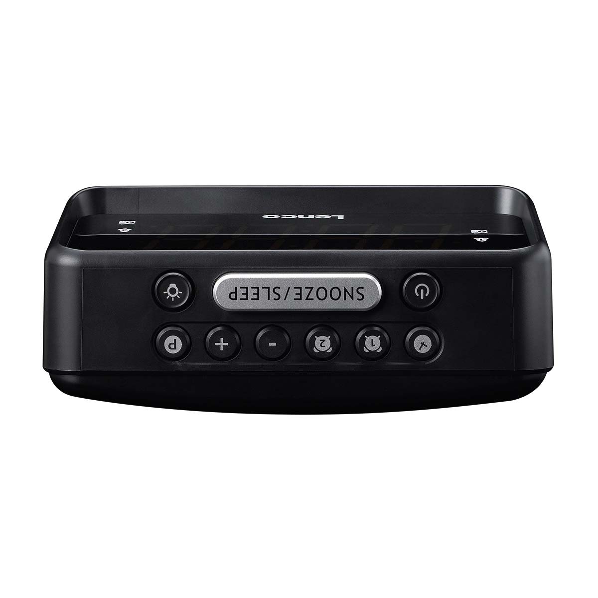 Réveil numérique noir avec bouton Snooze/Sleep et boutons de commande.