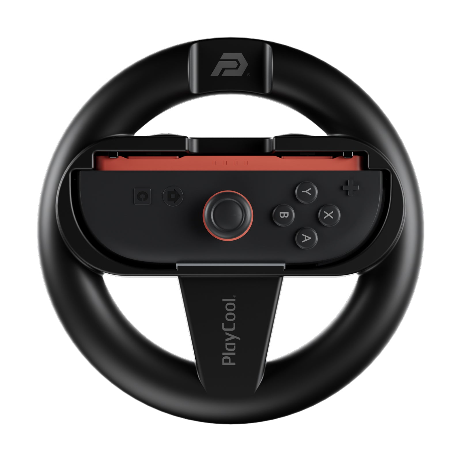 Zwart stuurwiel met oranje accenten, met gamecontrollerknoppen.