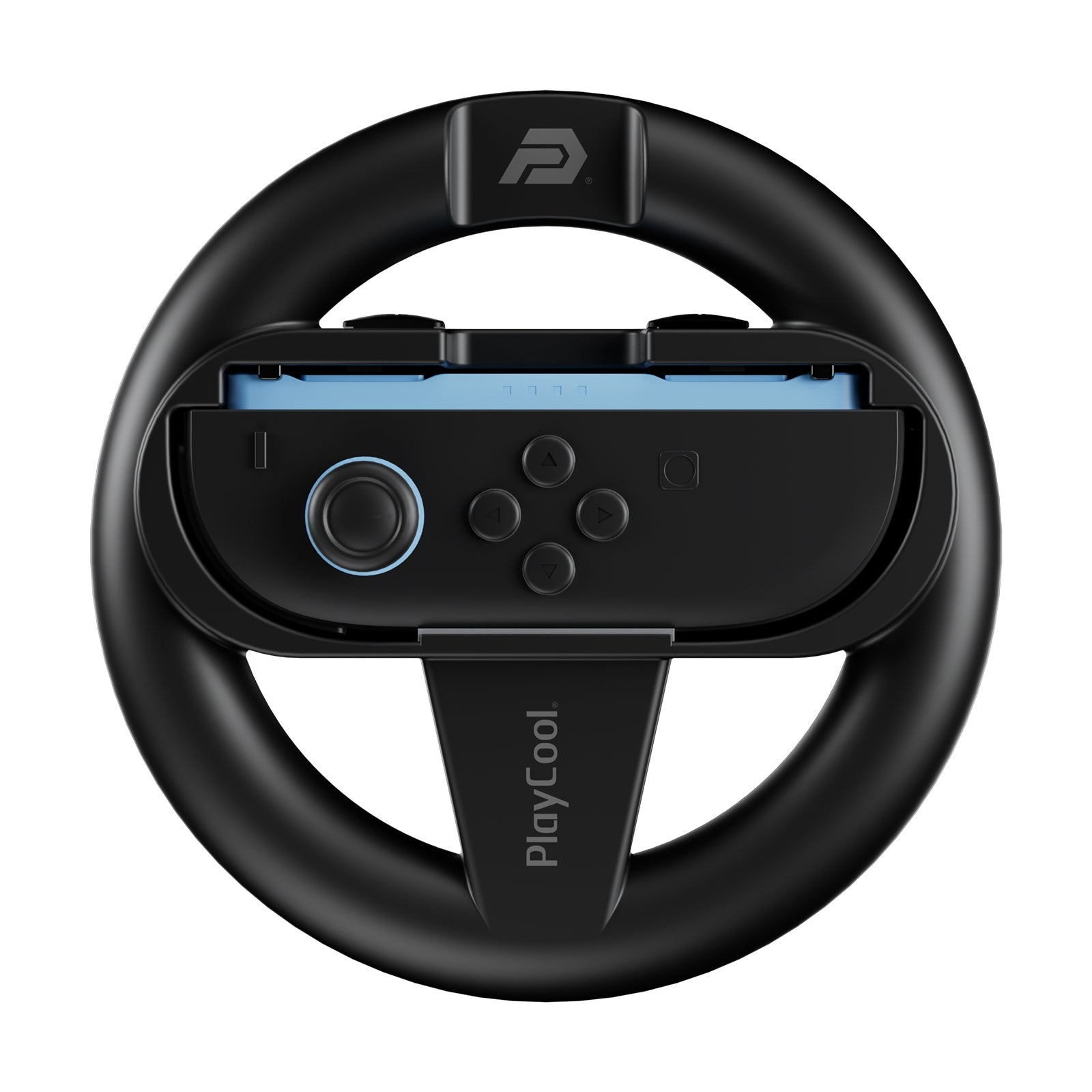 Zwart stuurwiel met blauwe controllerhouder en PlayCool-logo.