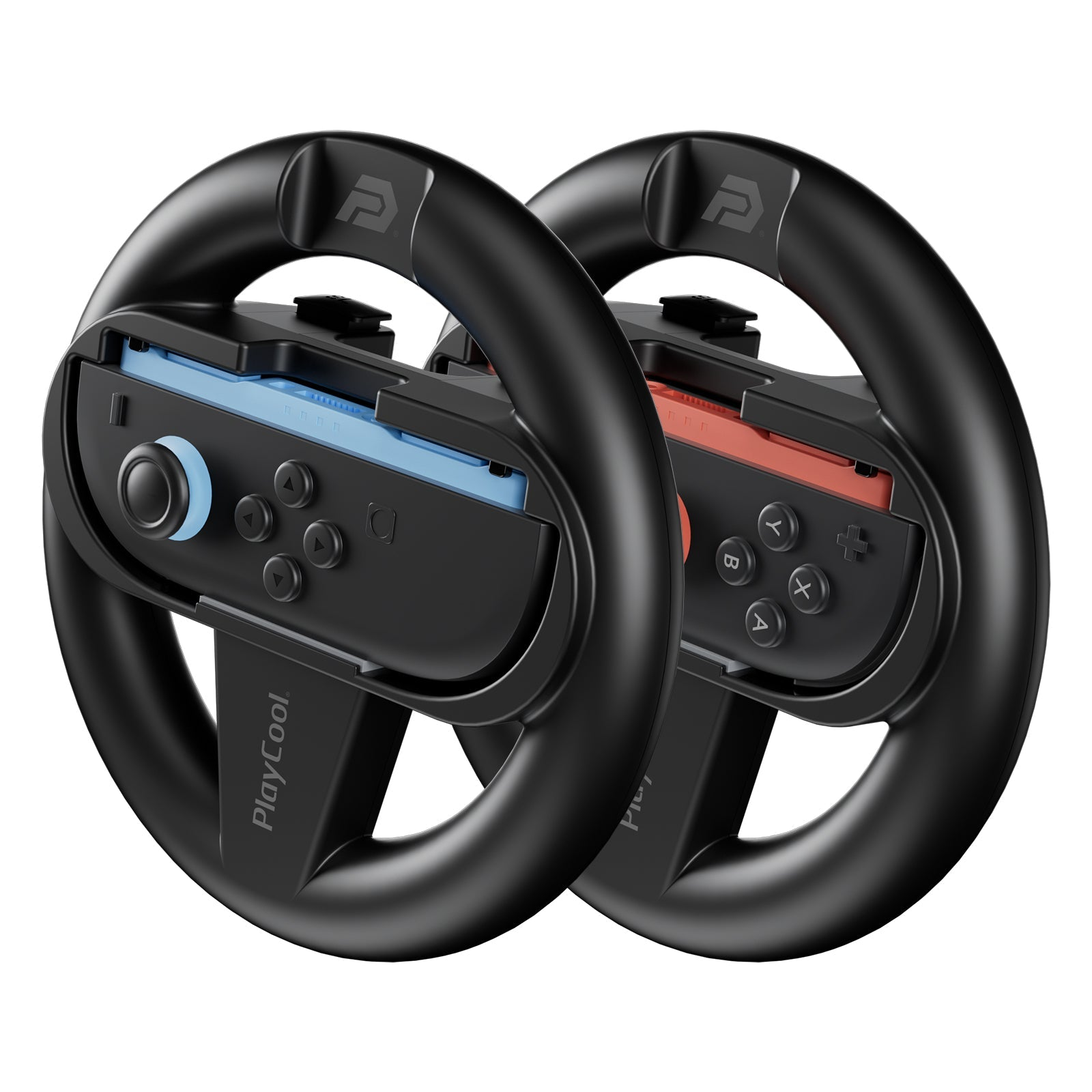 Twee zwarte gaming-sturen met blauwe en rode Joy-Con-houders.