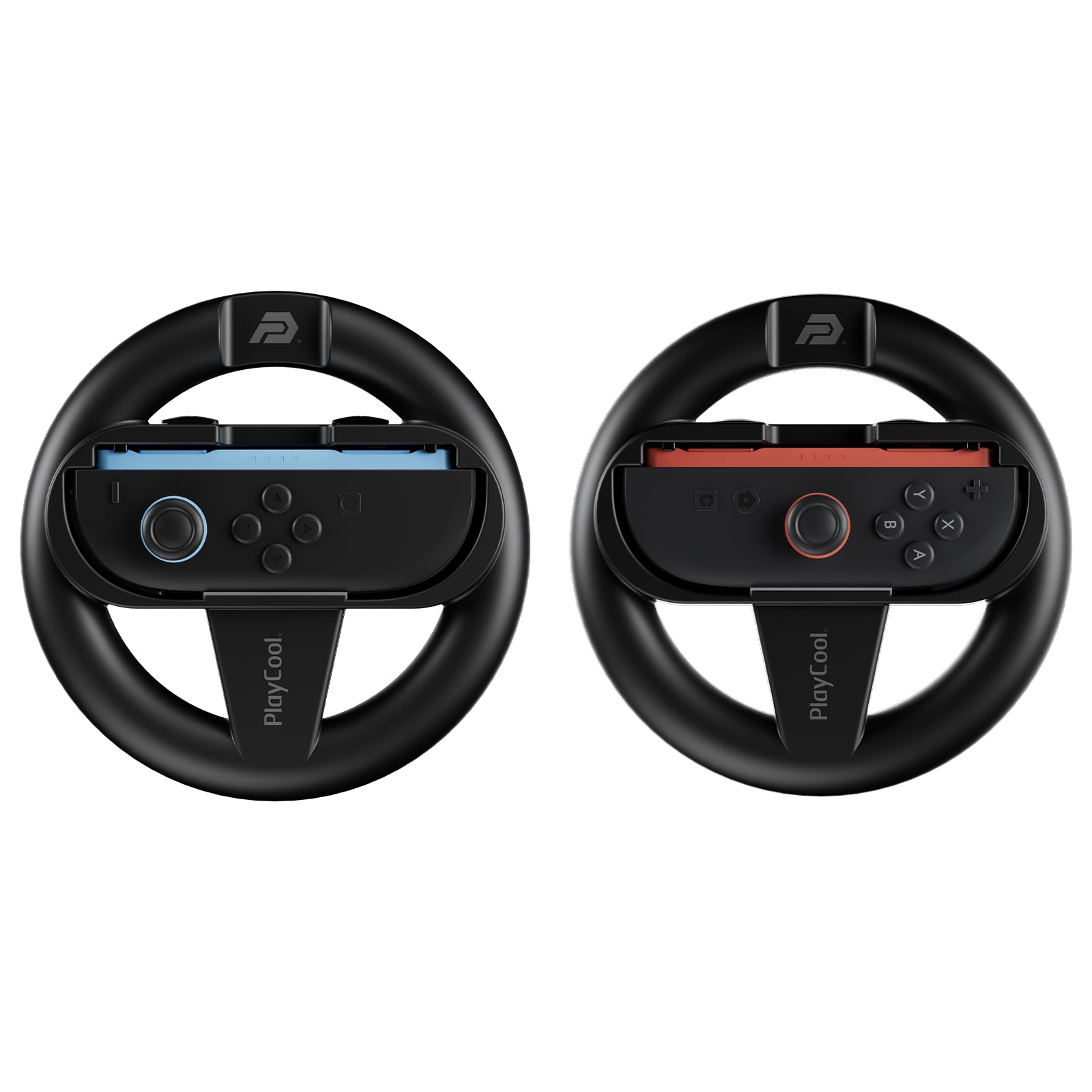 Twee zwarte gaming-stuurwielen met blauwe en rode Joy-Con-houders naast elkaar.