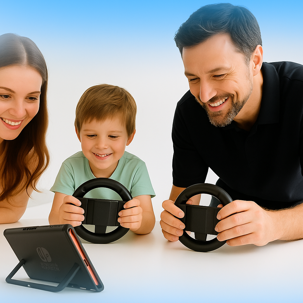Familie speelt videogame met stuurwielen en een tablet.