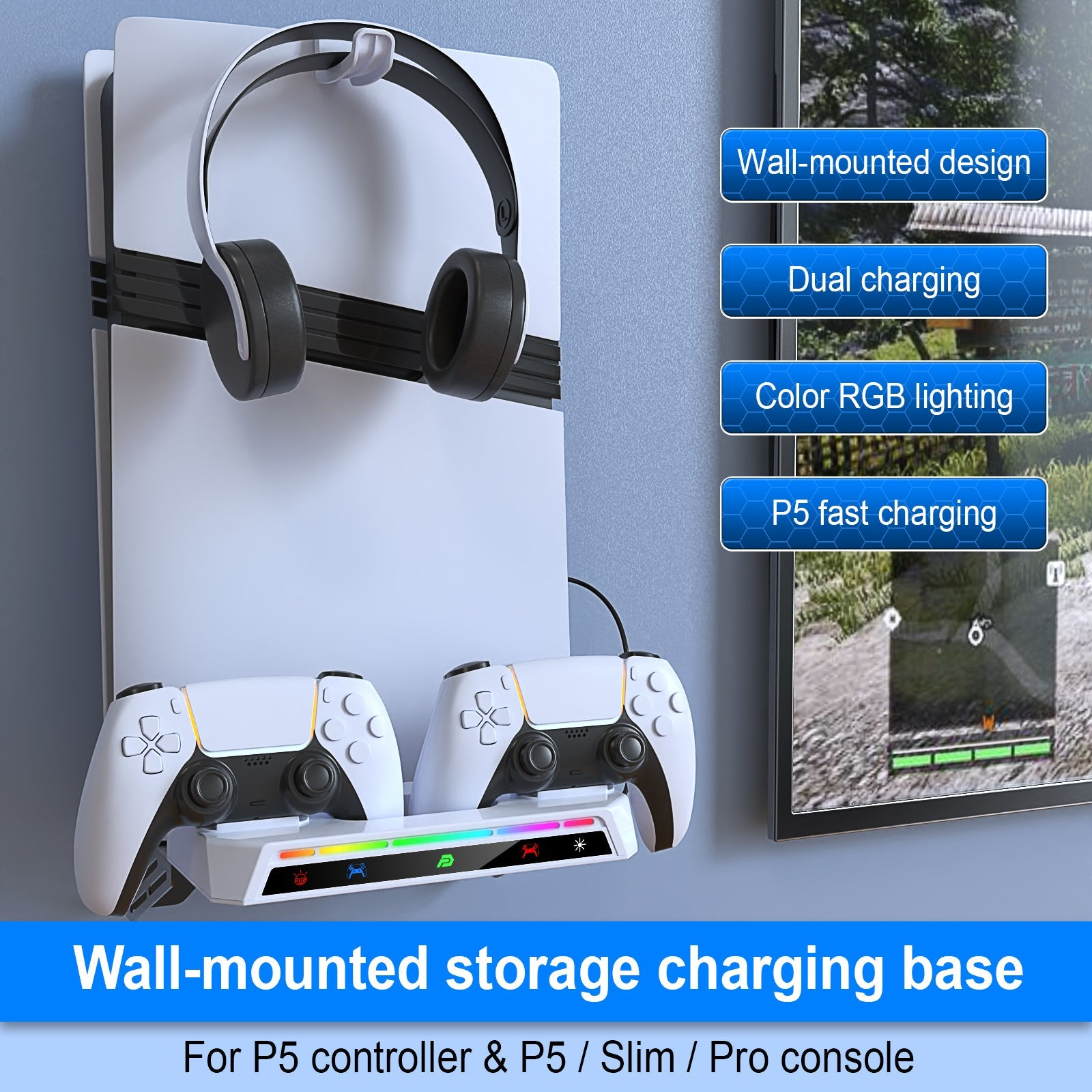 Wall-mounted charging base with headphones & controllers, RGB lighting.