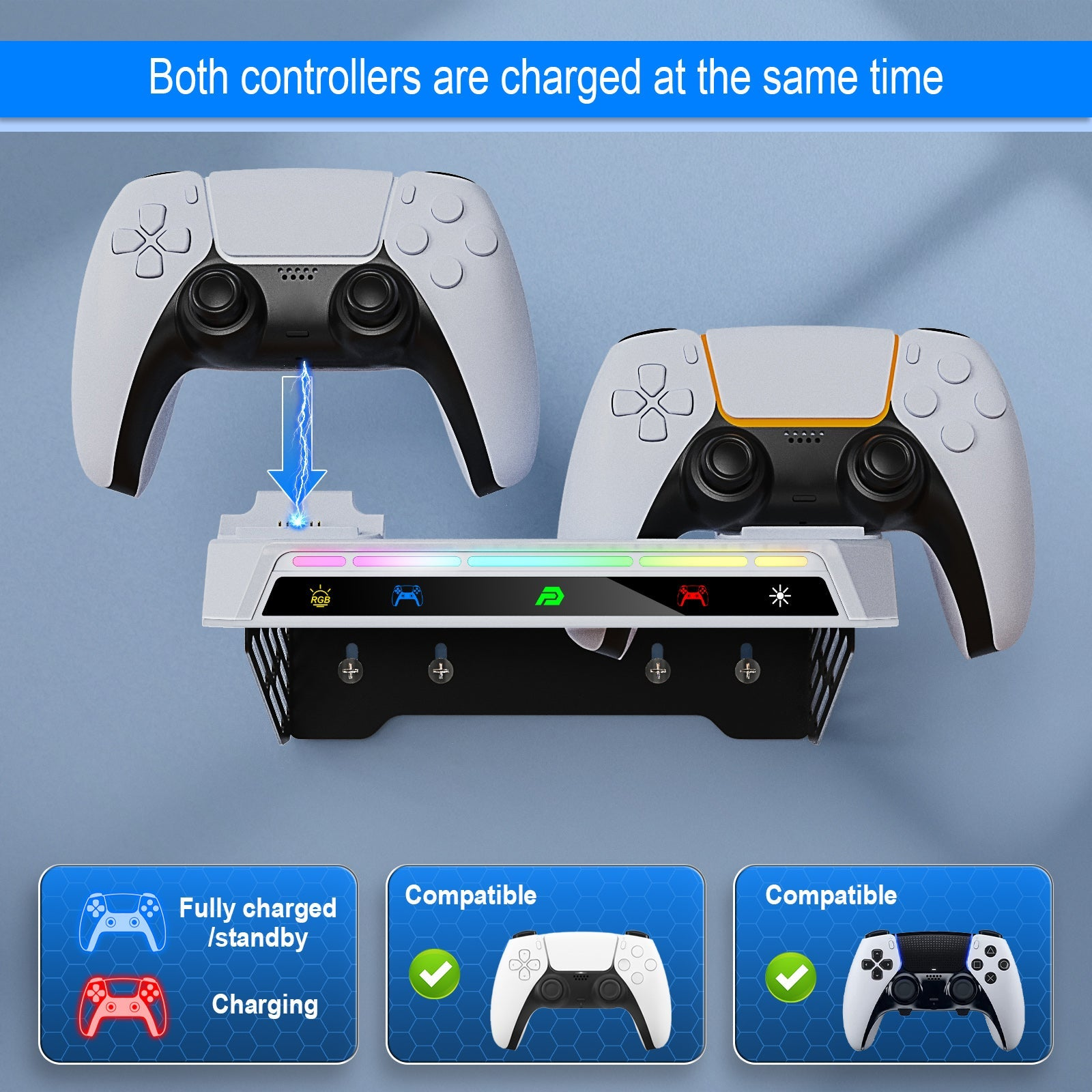 Two white controllers charging on a dock, with charging indicators.