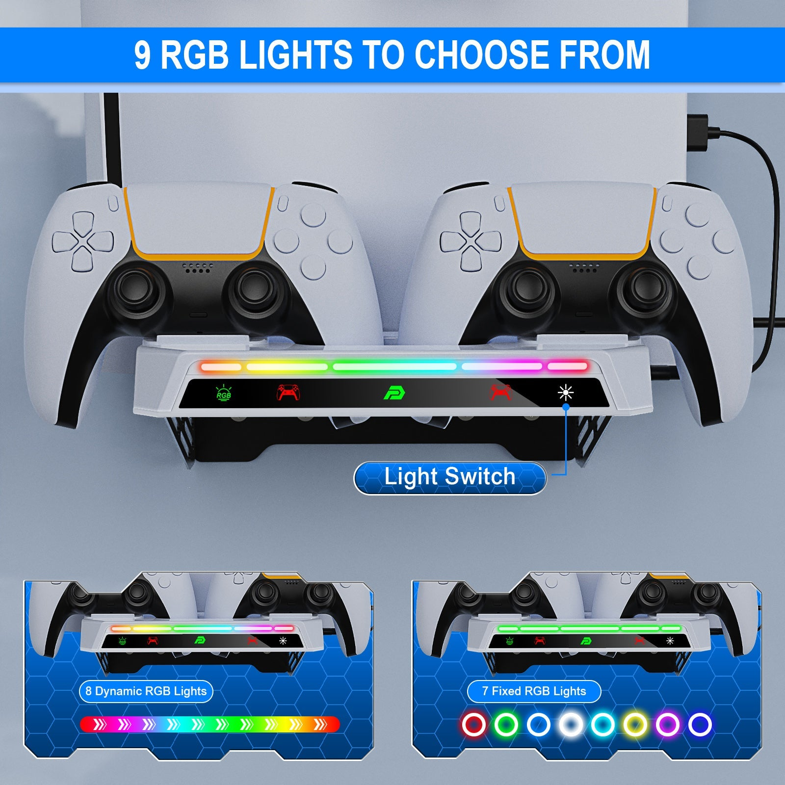 Two white game controllers on a charging stand with RGB lights, showing 9 options.