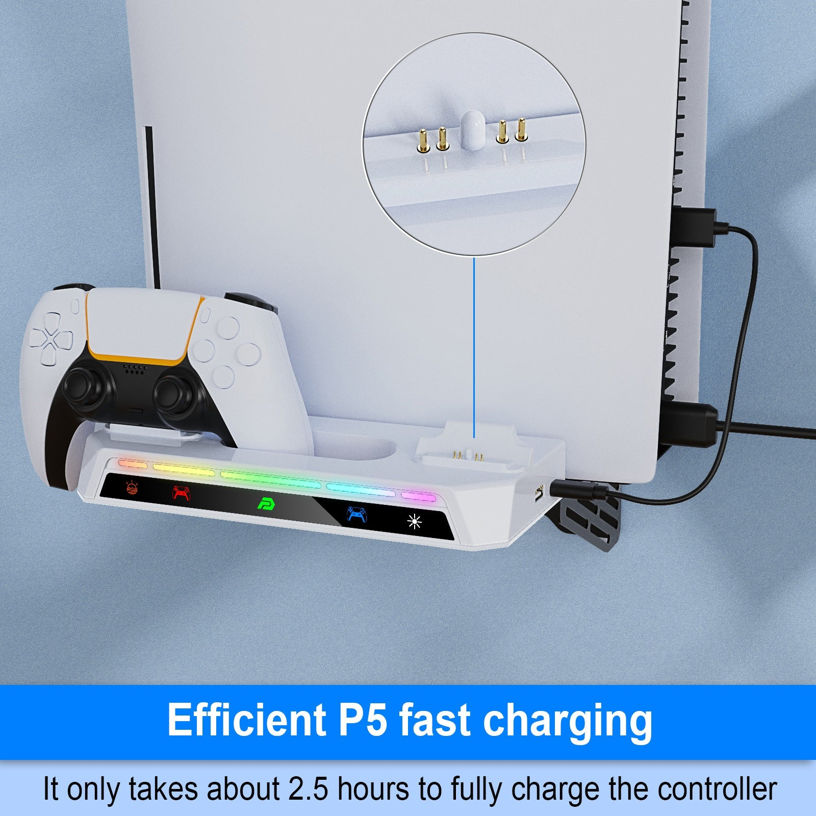 A white charging station with a controller and console. Lights are illuminated.