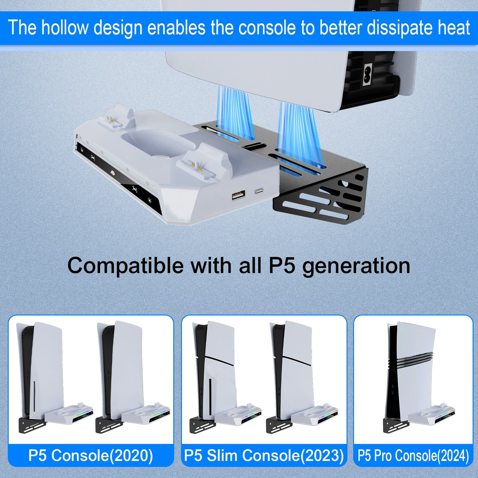 A white charging stand with blue fans for PS5 consoles.