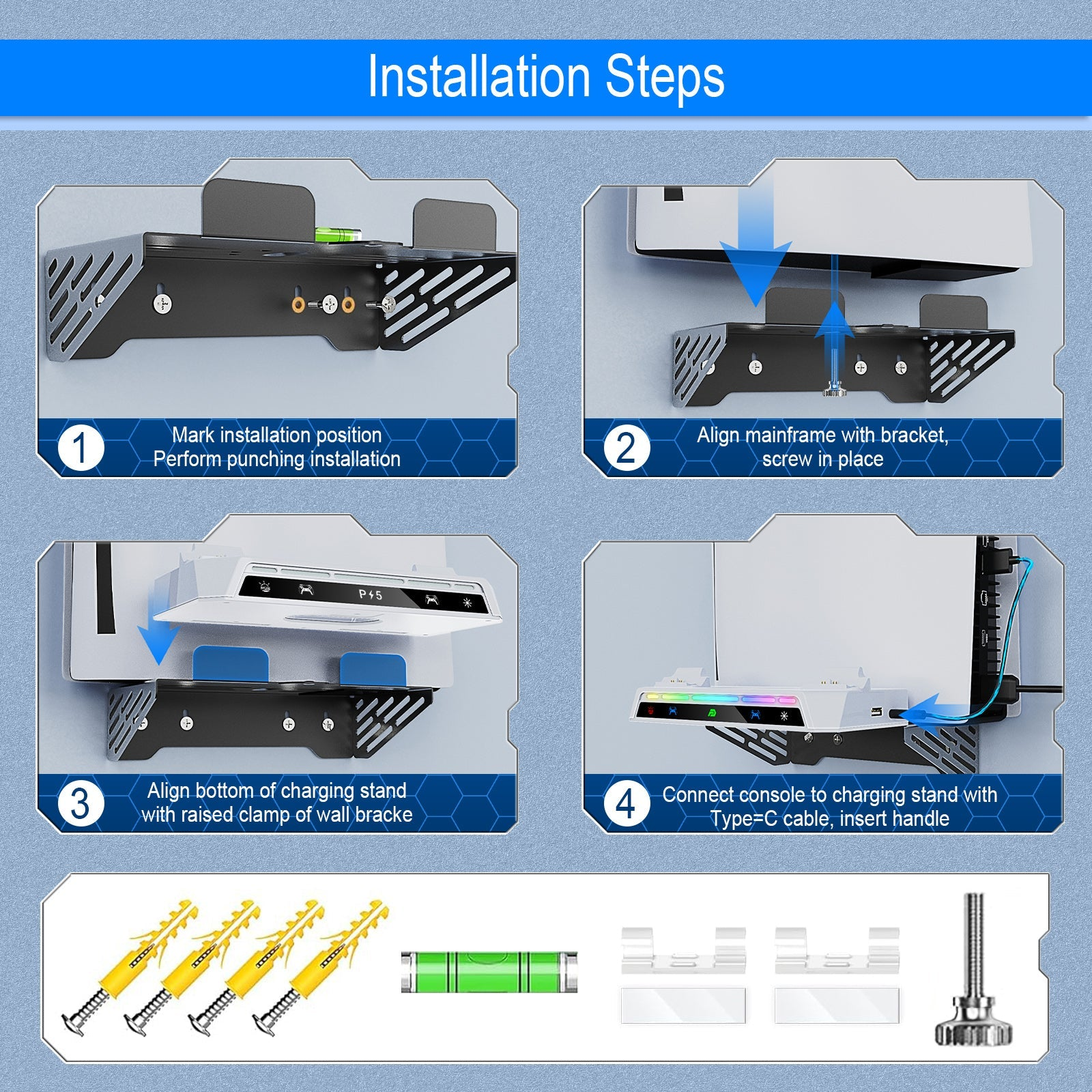 Installation steps: Mark, align, attach wall bracket, and connect console.