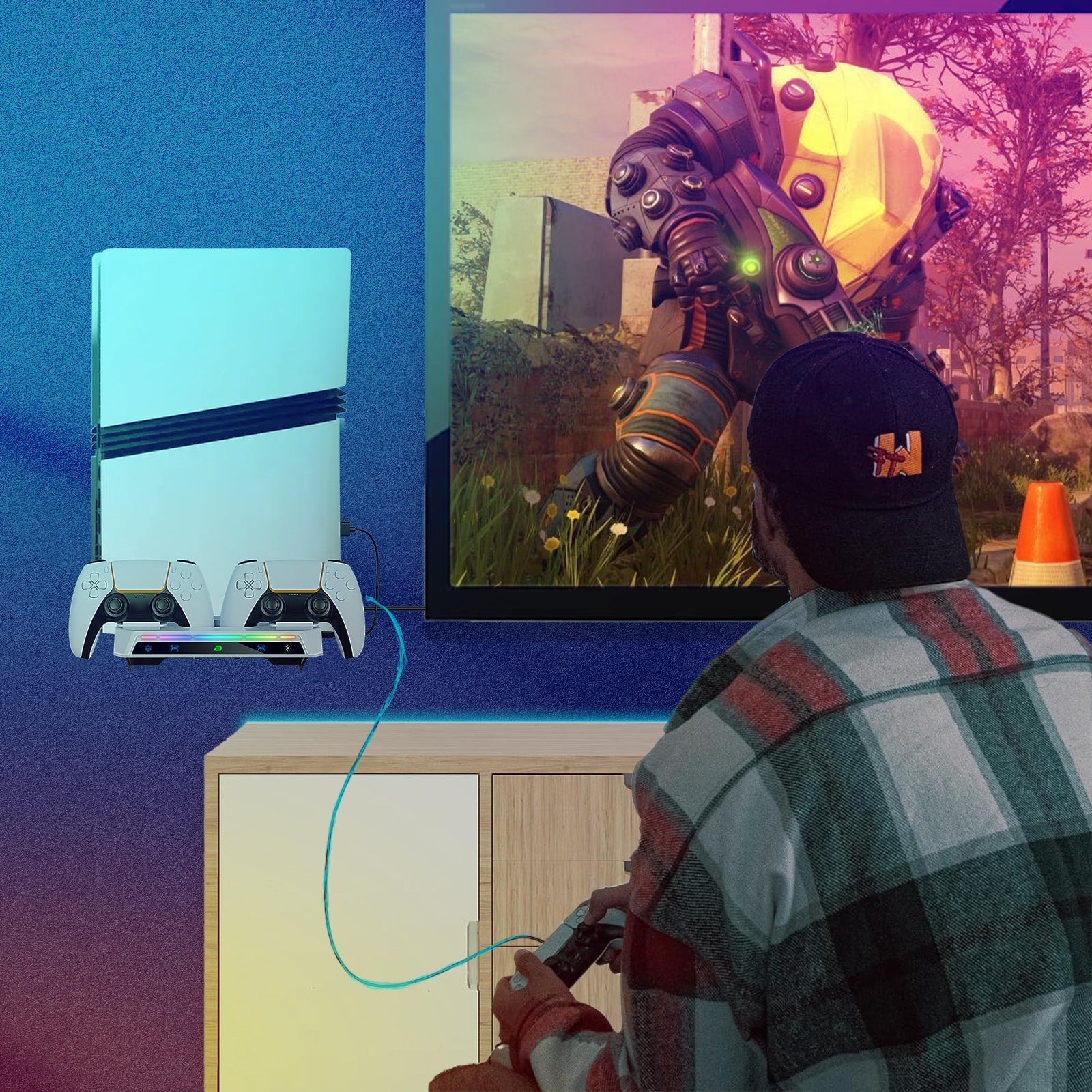 A person plays a video game on a TV, with a console and controllers nearby.