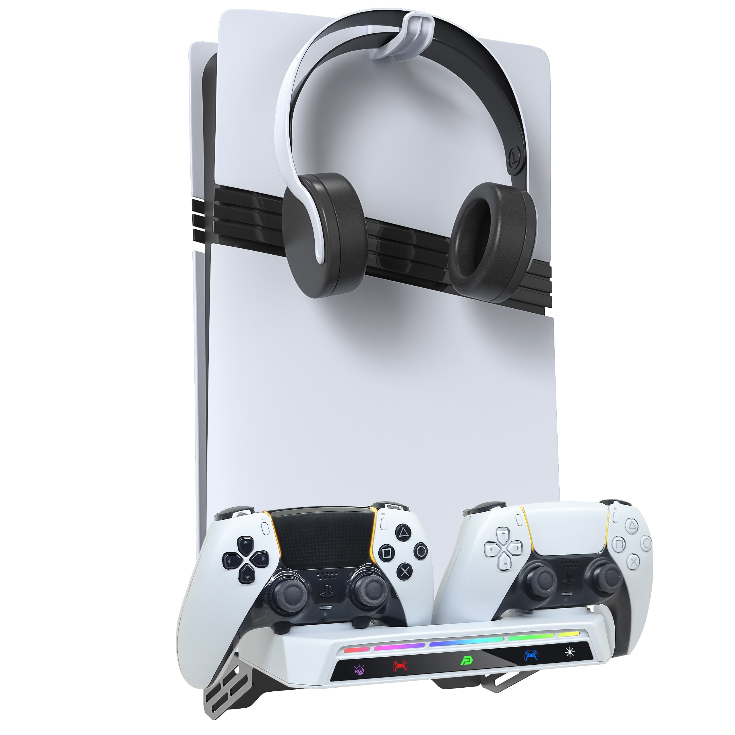 White headphones and two white controllers mounted on a white console.