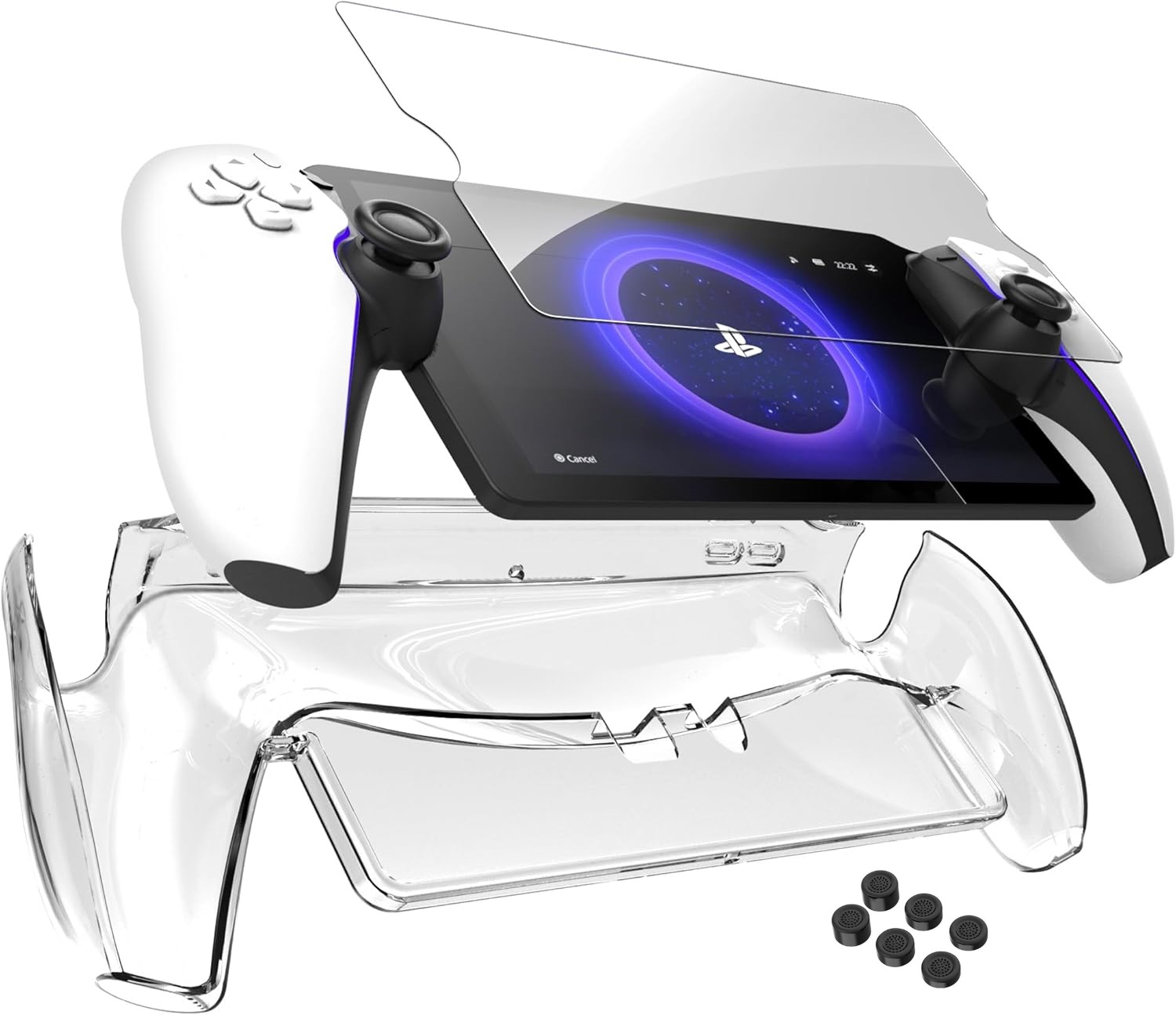 Een witte controller met een doorzichtige standaard en scherm.