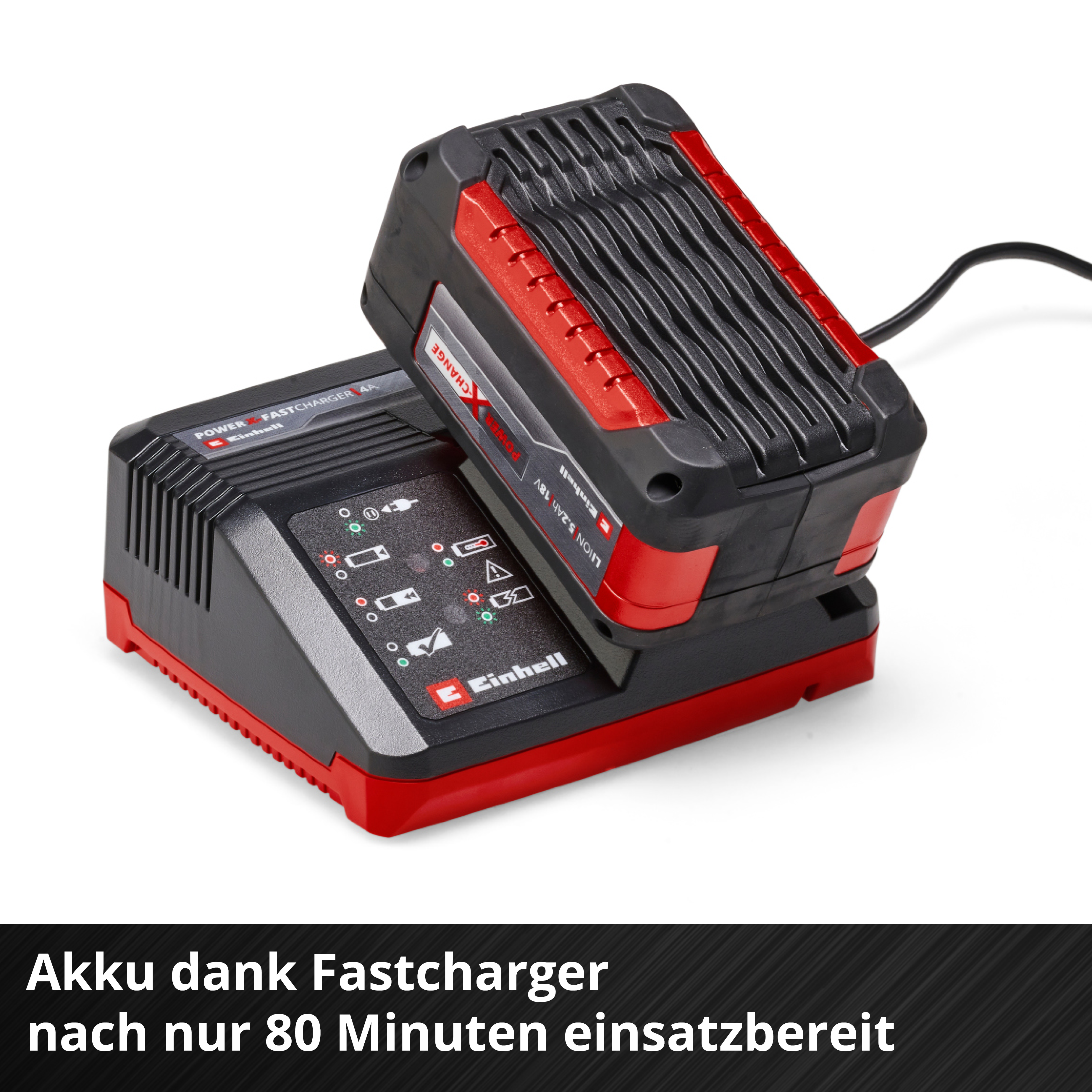 Ein schwarzes und rotes Einhell Ladegerät mit Akku darauf.
