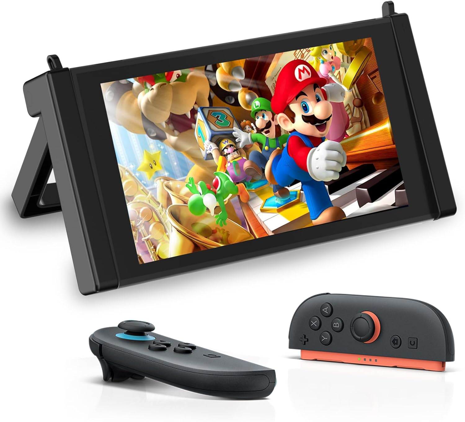 Een Nintendo Switch met een Mario-spel en twee controllers.
