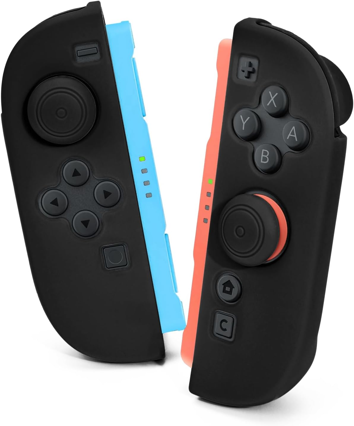 Deux manettes Nintendo Switch Joy-Con, une bleue et une corail, côte à côte.