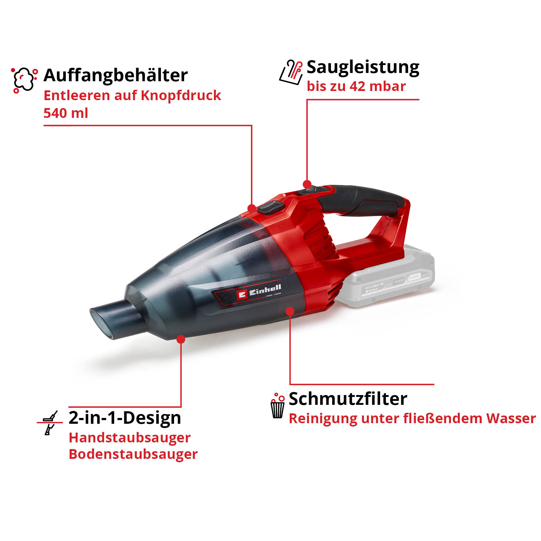 Un aspirateur rouge portable avec bac à poussière, batterie et étiquettes.