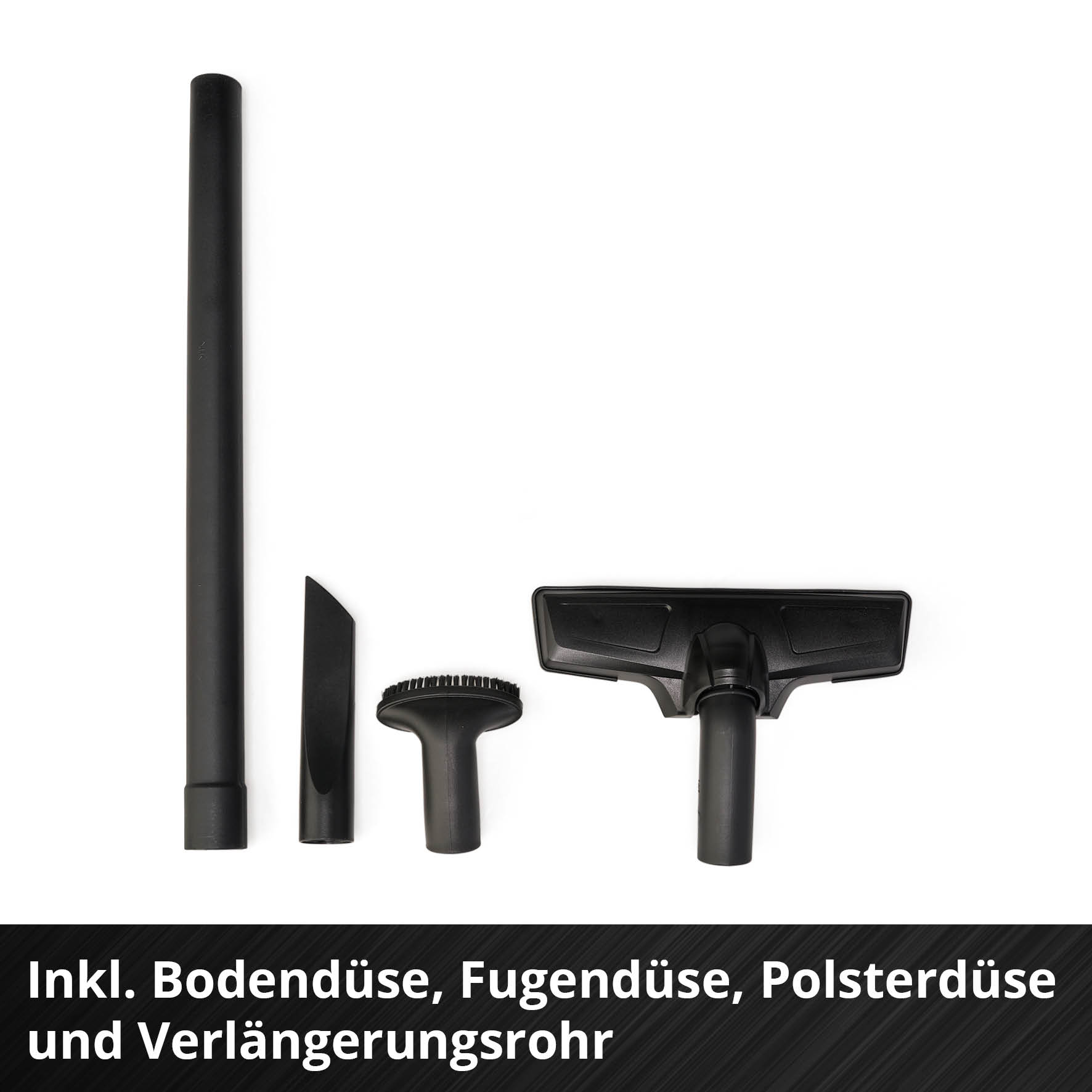 Accessoires d'aspirateur noirs : tube, suceur plat, brosse et brosse de sol.