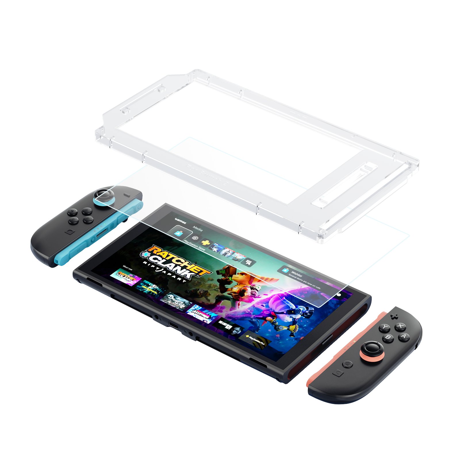 Un cadre transparent sur une Nintendo Switch avec manettes et menu de jeu.