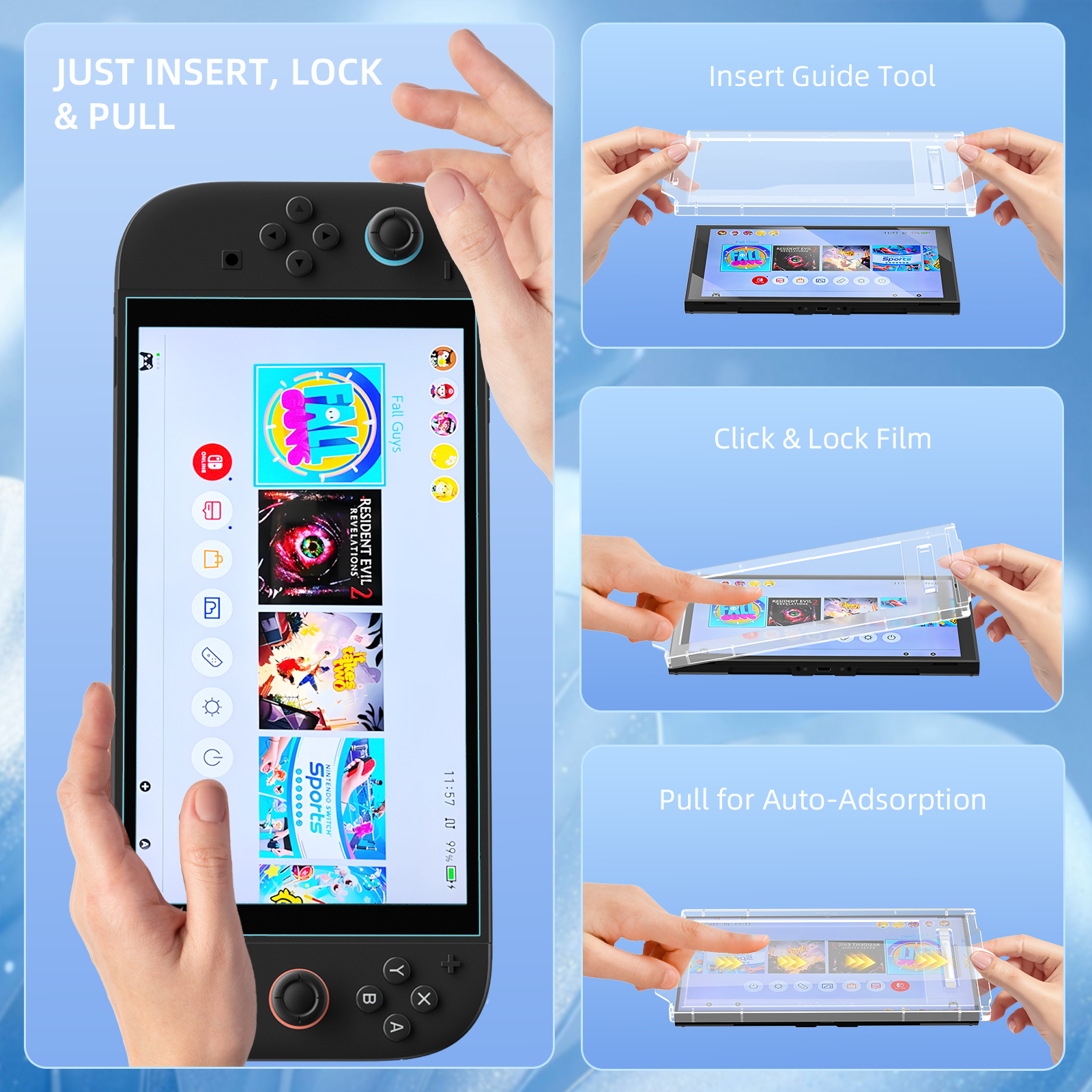 Instructies voor het aanbrengen van een screenprotector op een Nintendo Switch.