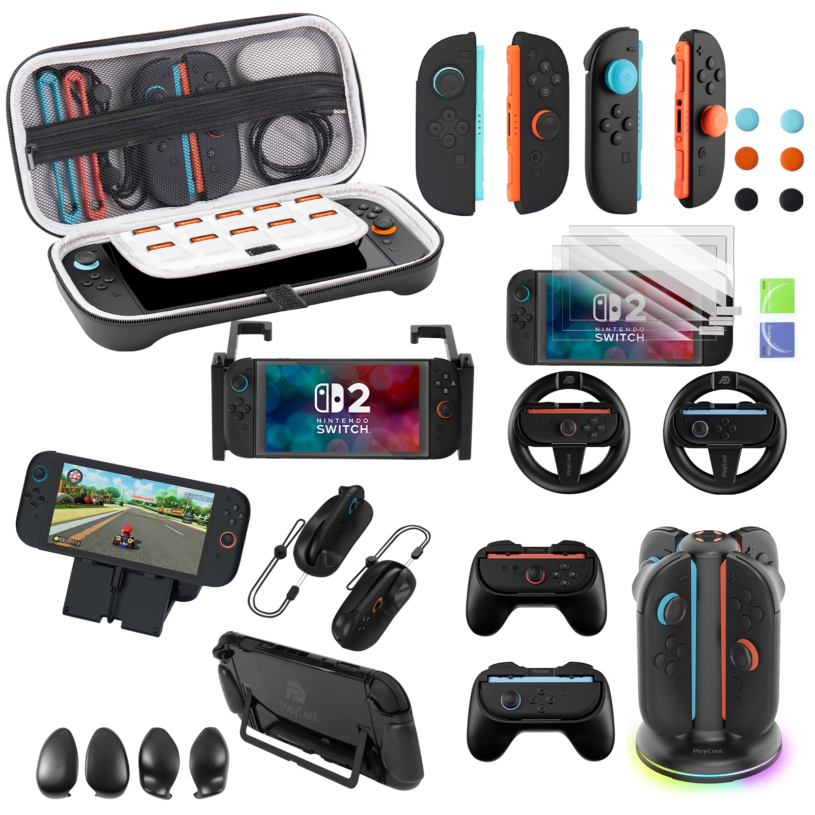 Nintendo Switch accessoires: console, hoes, controllers, stuurwielen, screenprotectors en oplaaddock.