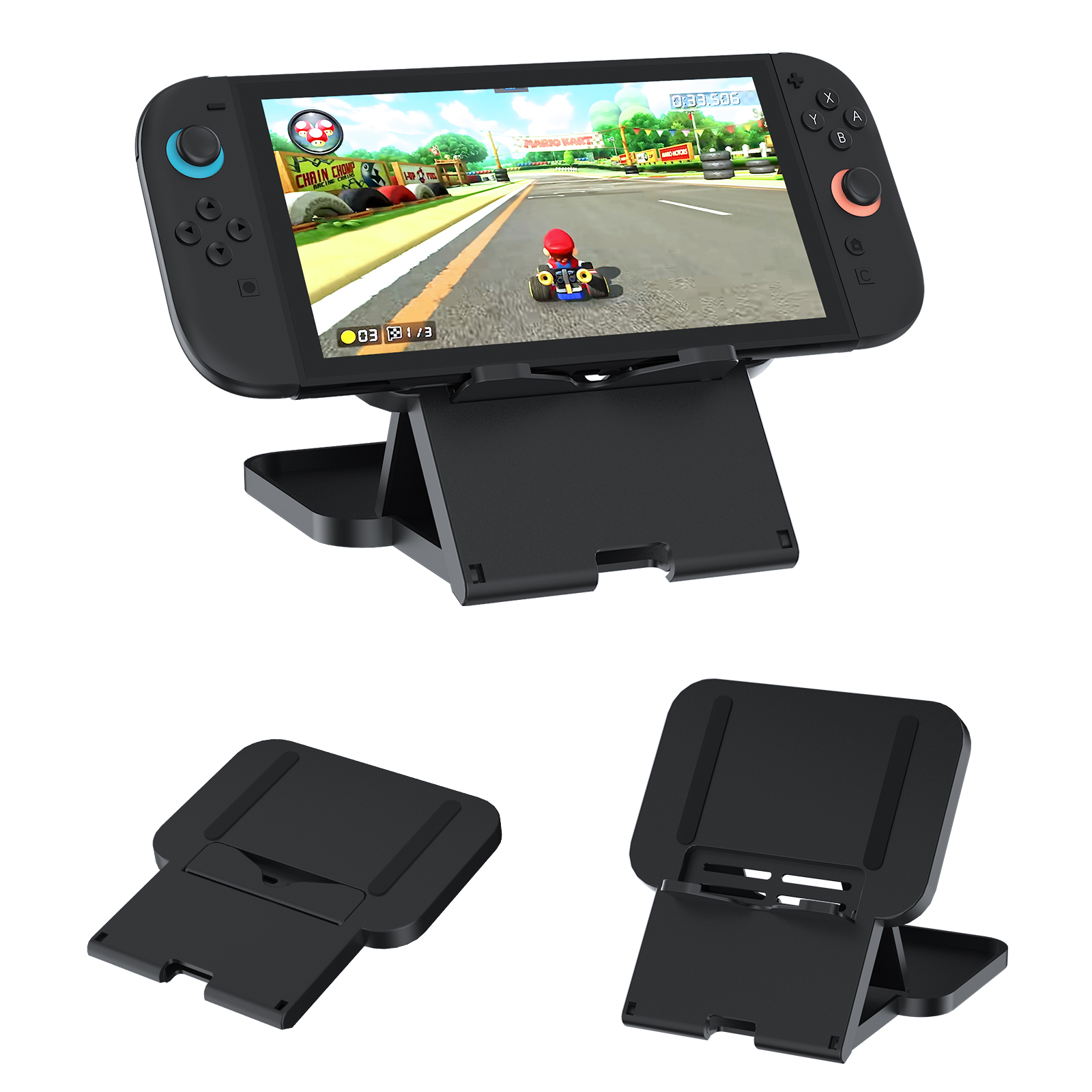 Een zwarte Nintendo Switch die Mario Kart speelt, getoond op een standaard.