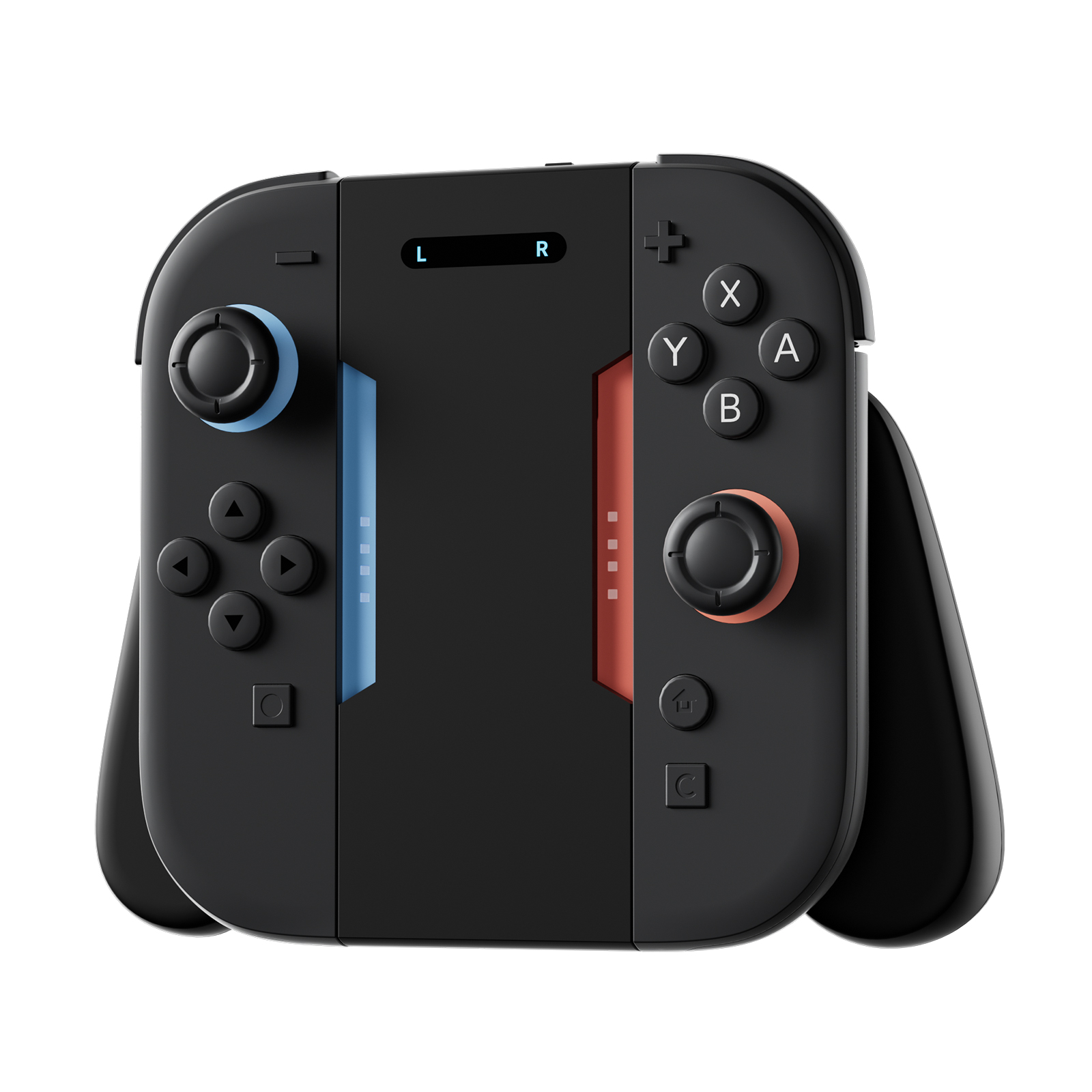 Black gaming controller with blue and red accents, joysticks, and buttons.