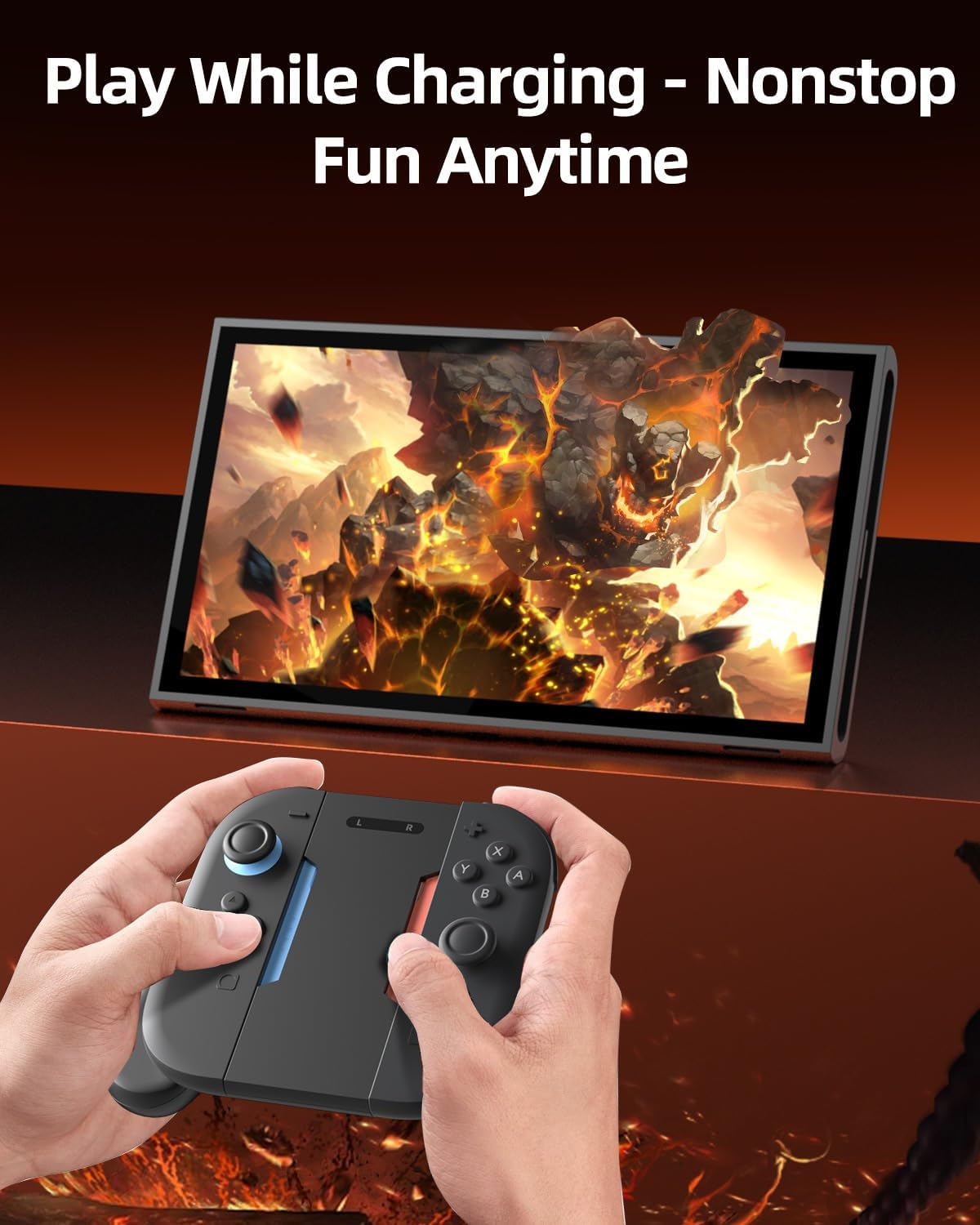 Hands hold a black game controller with a tablet displaying a fiery landscape.