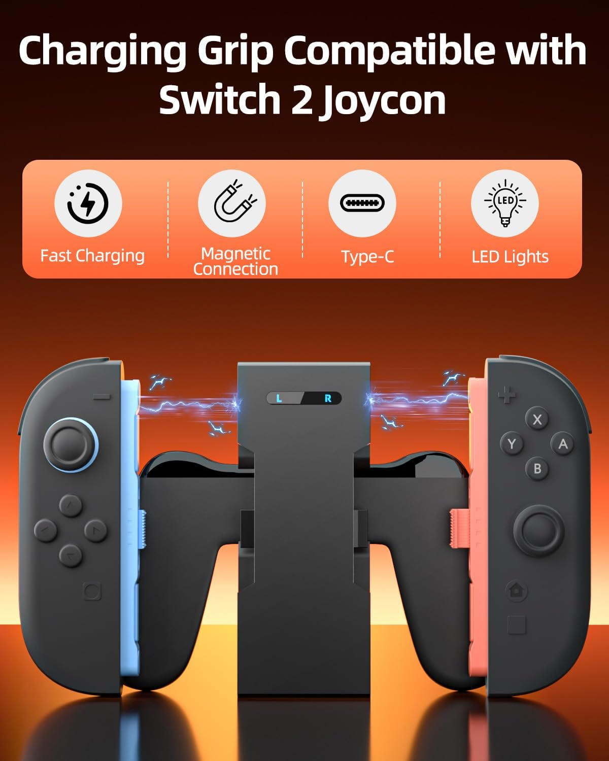 A charging grip for Switch Joycons with magnetic connection, Type-C, and LED.