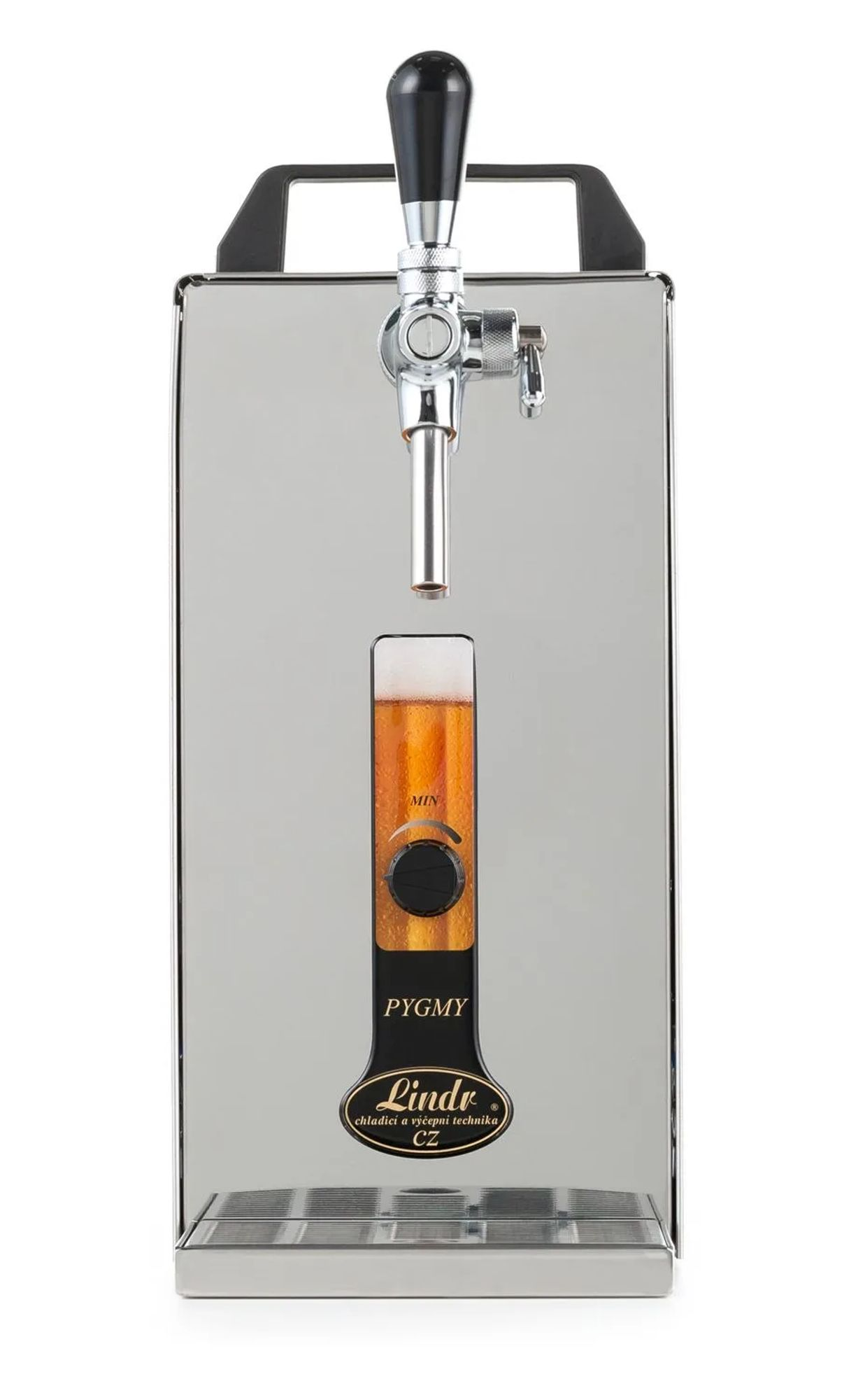Een chromen biertap met een glas bier en een zwarte hendel.