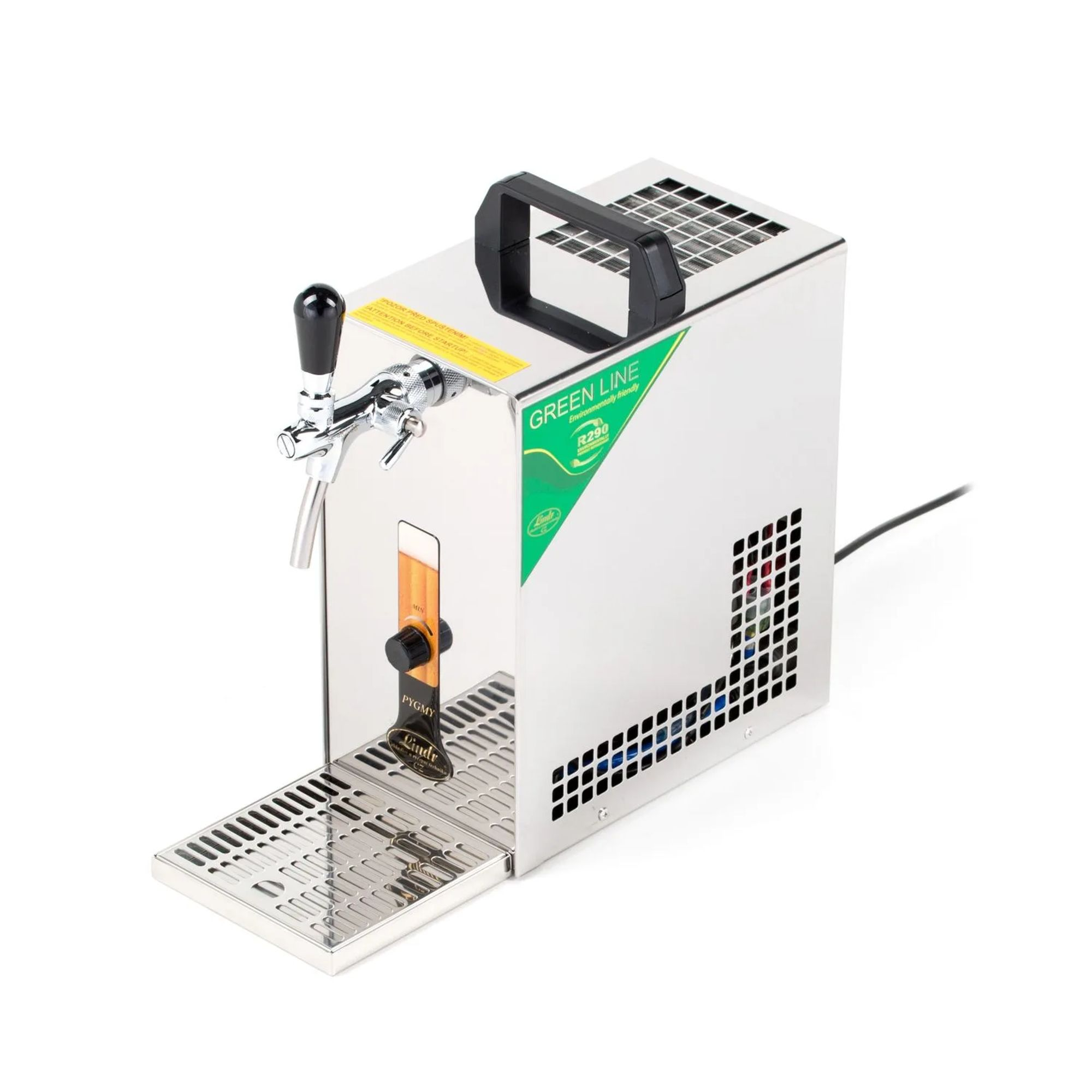 Een zilverkleurige biertap met zwarte handgreep en kraan, op witte achtergrond.
